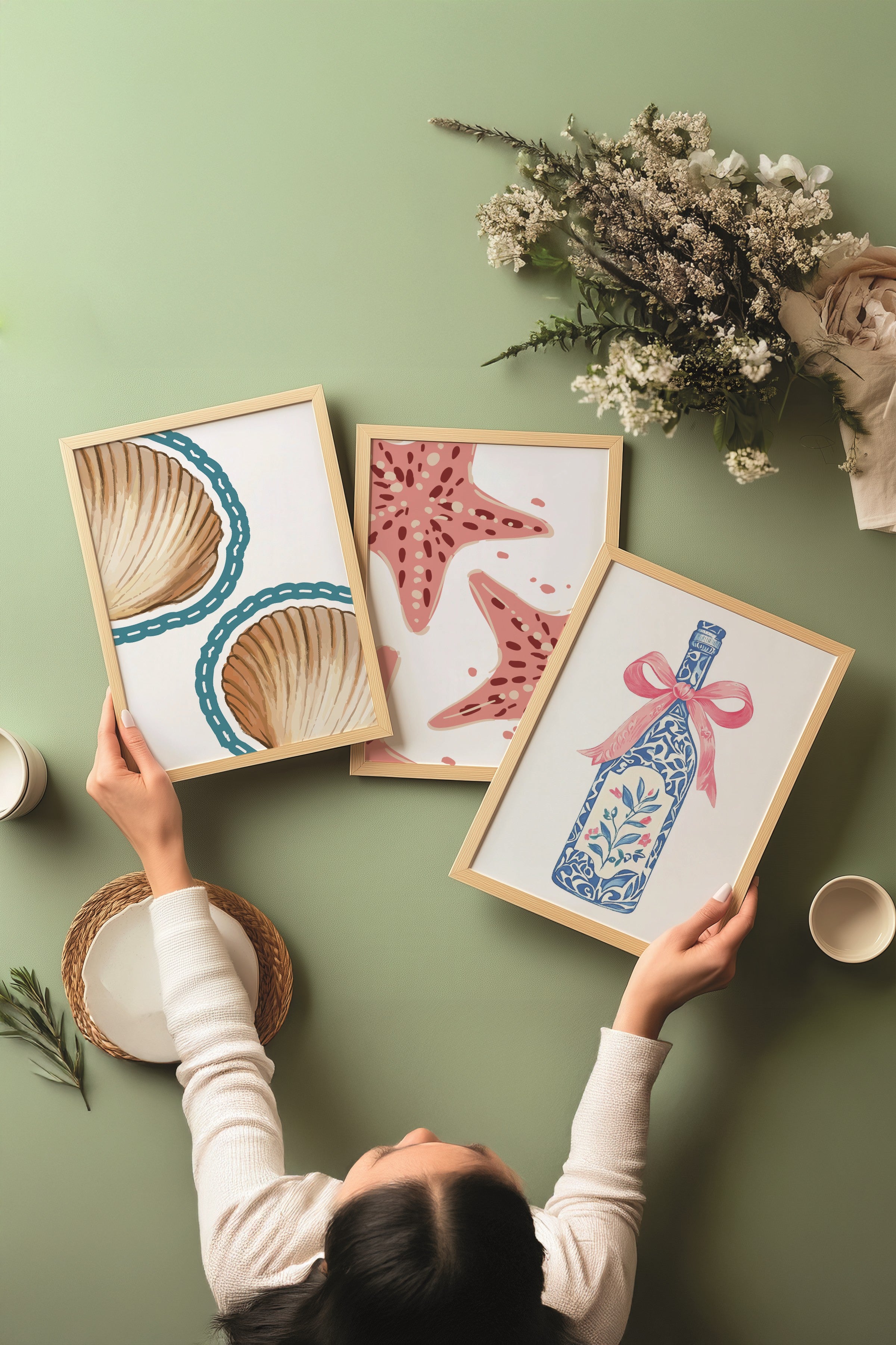 Ahşap Tablo Seti, 3 Adet Ahşap Çerçeveli Poster Sea Bottle Model No:300849, Mavi Duvar Dekor