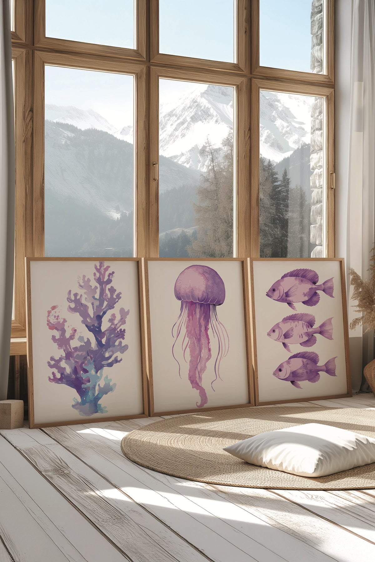 Ahşap Tablo Seti, 3 Adet Ahşap Çerçeveli Poster sea creatures Model No:300822, Mor Duvar Dekoru