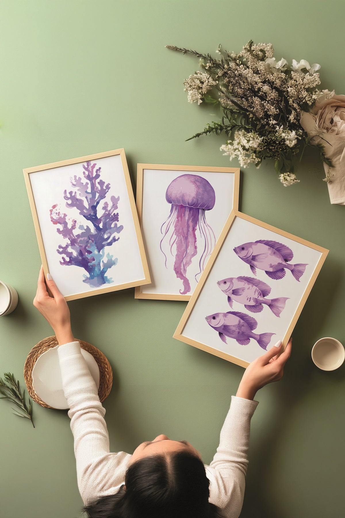 Ahşap Tablo Seti, 3 Adet Ahşap Çerçeveli Poster sea creatures Model No:300822, Mor Duvar Dekoru