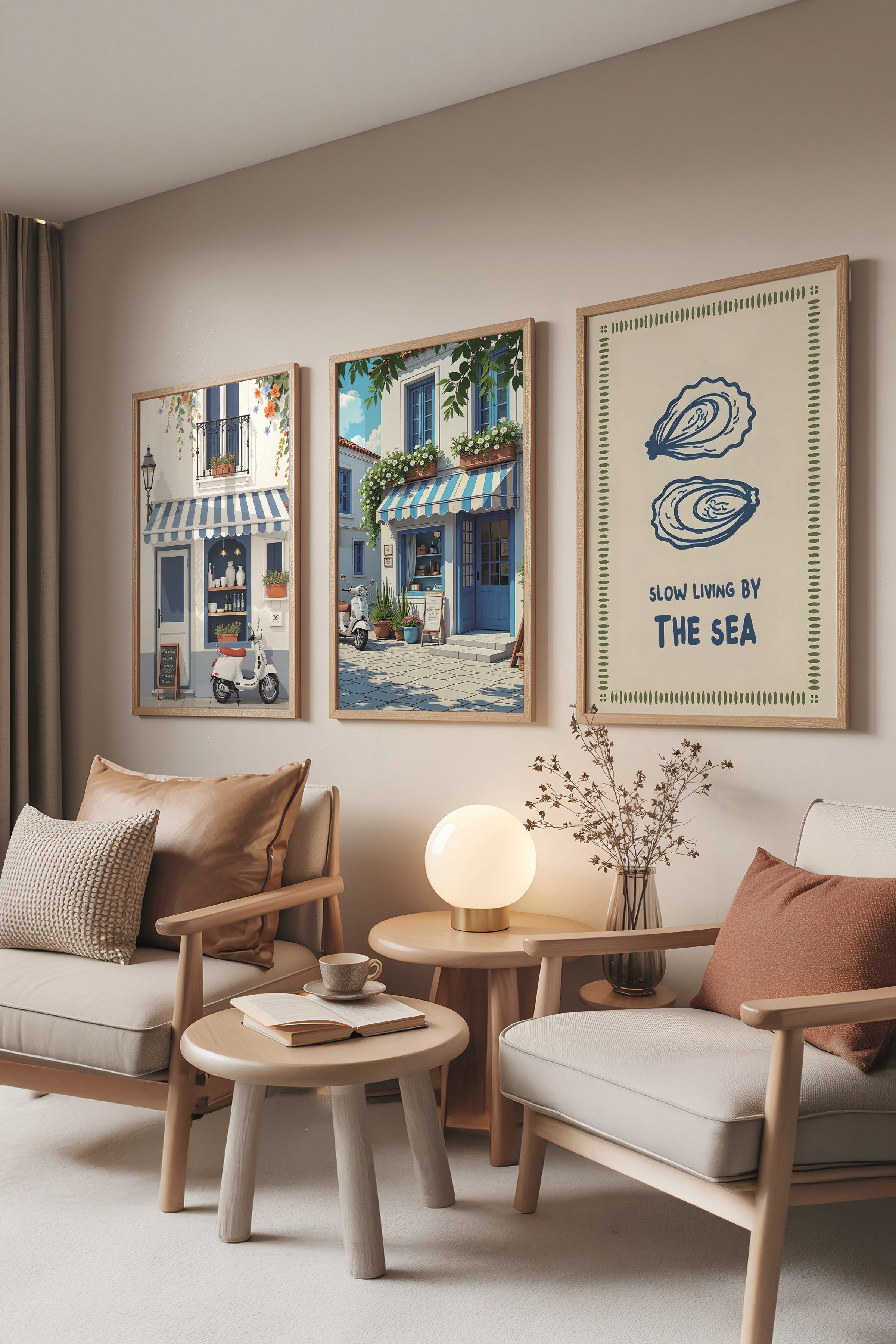 Ahşap Tablo Seti, 3 Adet Ahşap Çerçeveli Poster Slow Living by the Sea Model No:300860, Duvar Dekoru