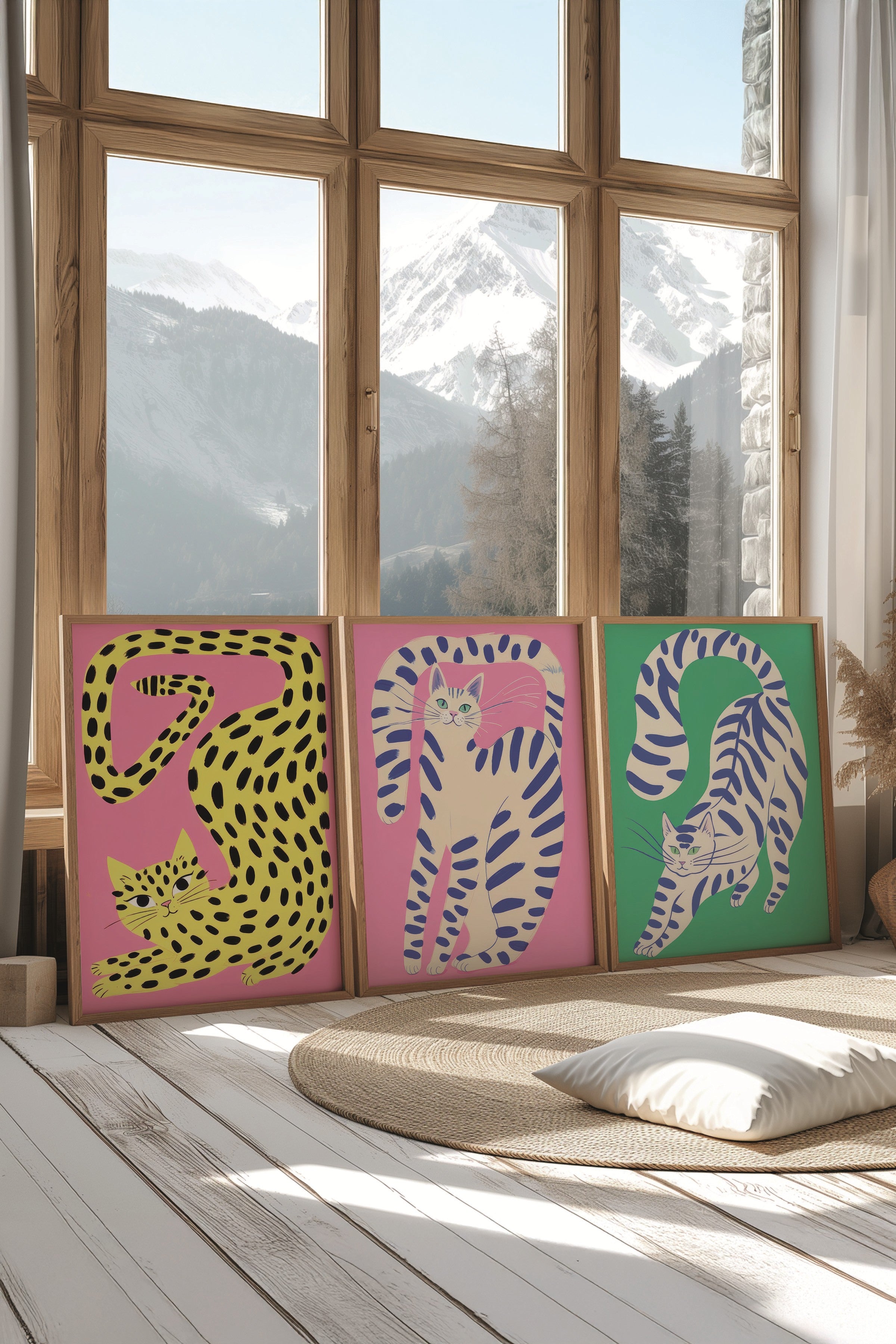 Ahşap Tablo Seti, 3 Adet Ahşap Çerçeveli Poster Strech Cats Model No:300806, Yeşil Duvar Dekoru