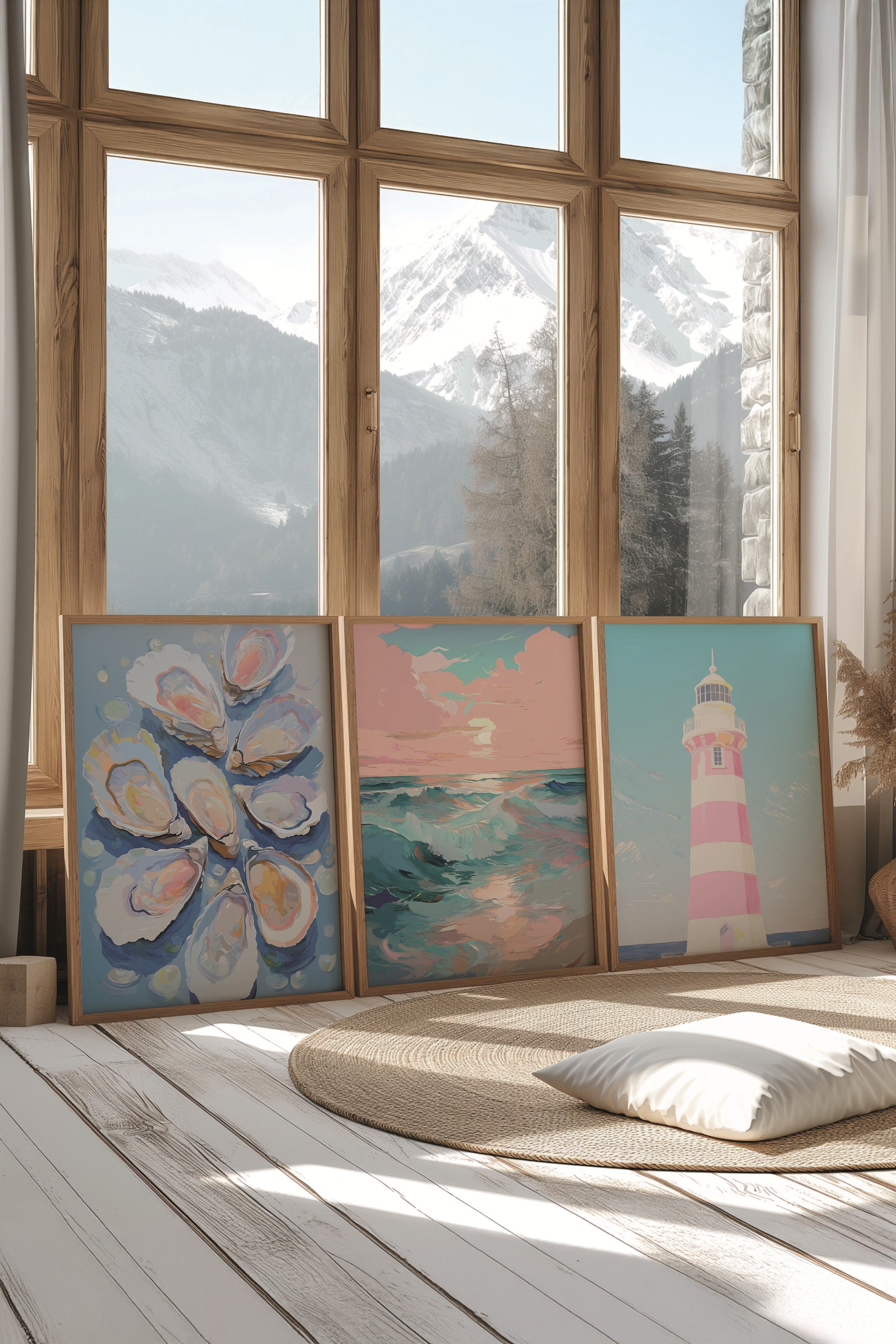 Ahşap Tablo Seti, 3 Adet Ahşap Çerçeveli Poster summer Model No:300823, Pembe ve Mavi Duvar Dekoru