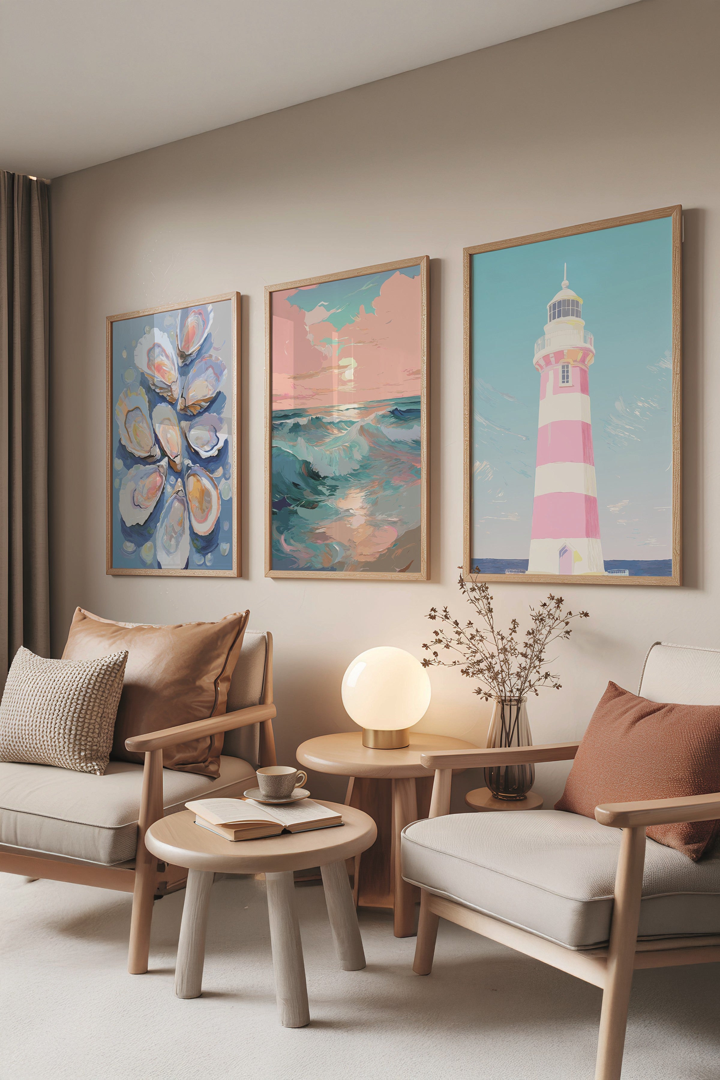 Ahşap Tablo Seti, 3 Adet Ahşap Çerçeveli Poster summer Model No:300823, Pembe ve Mavi Duvar Dekoru