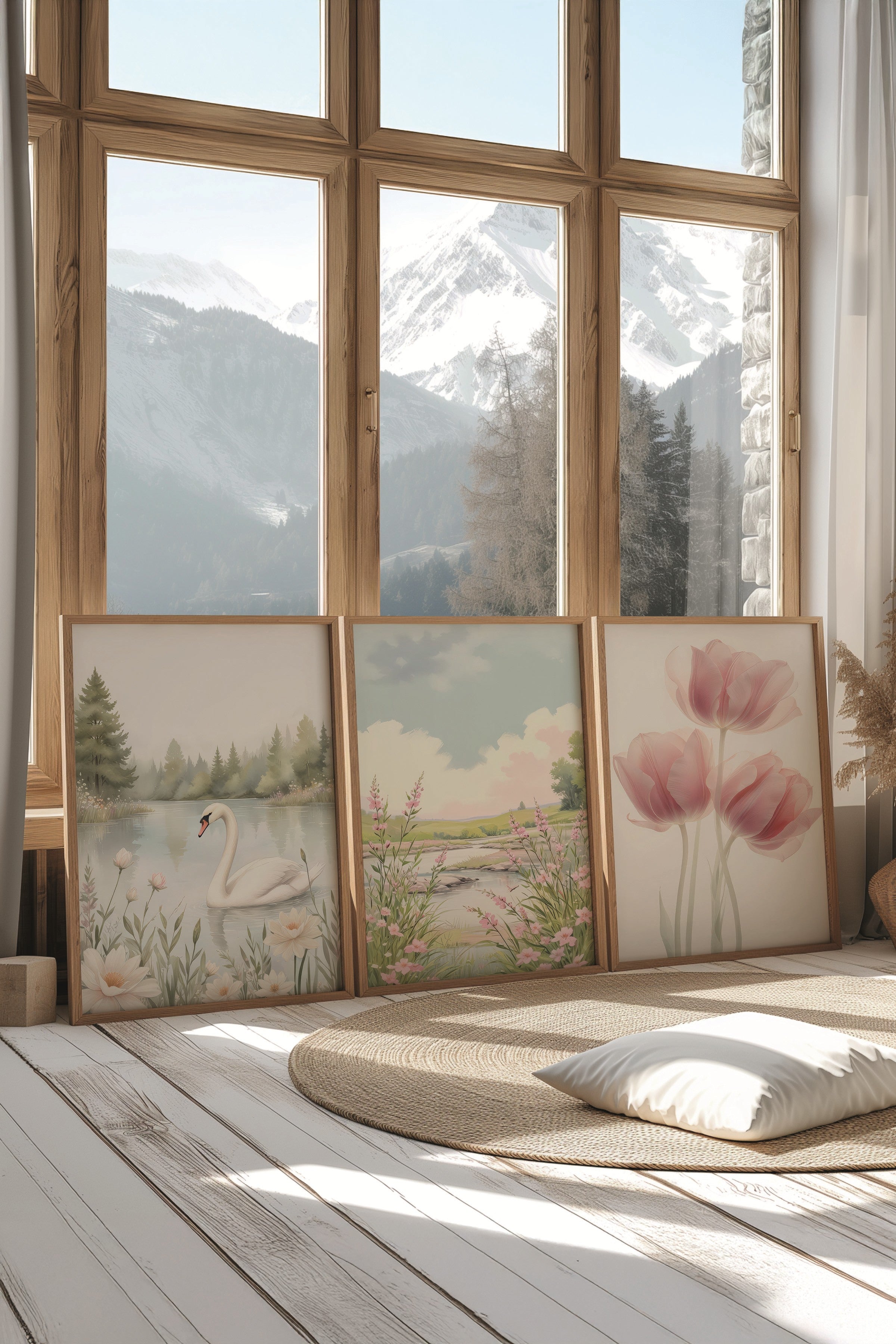 Ahşap Tablo Seti, 3 Adet Ahşap Çerçeveli Poster Swan Nature Model No:300804, Multicolor Duvar Dekoru