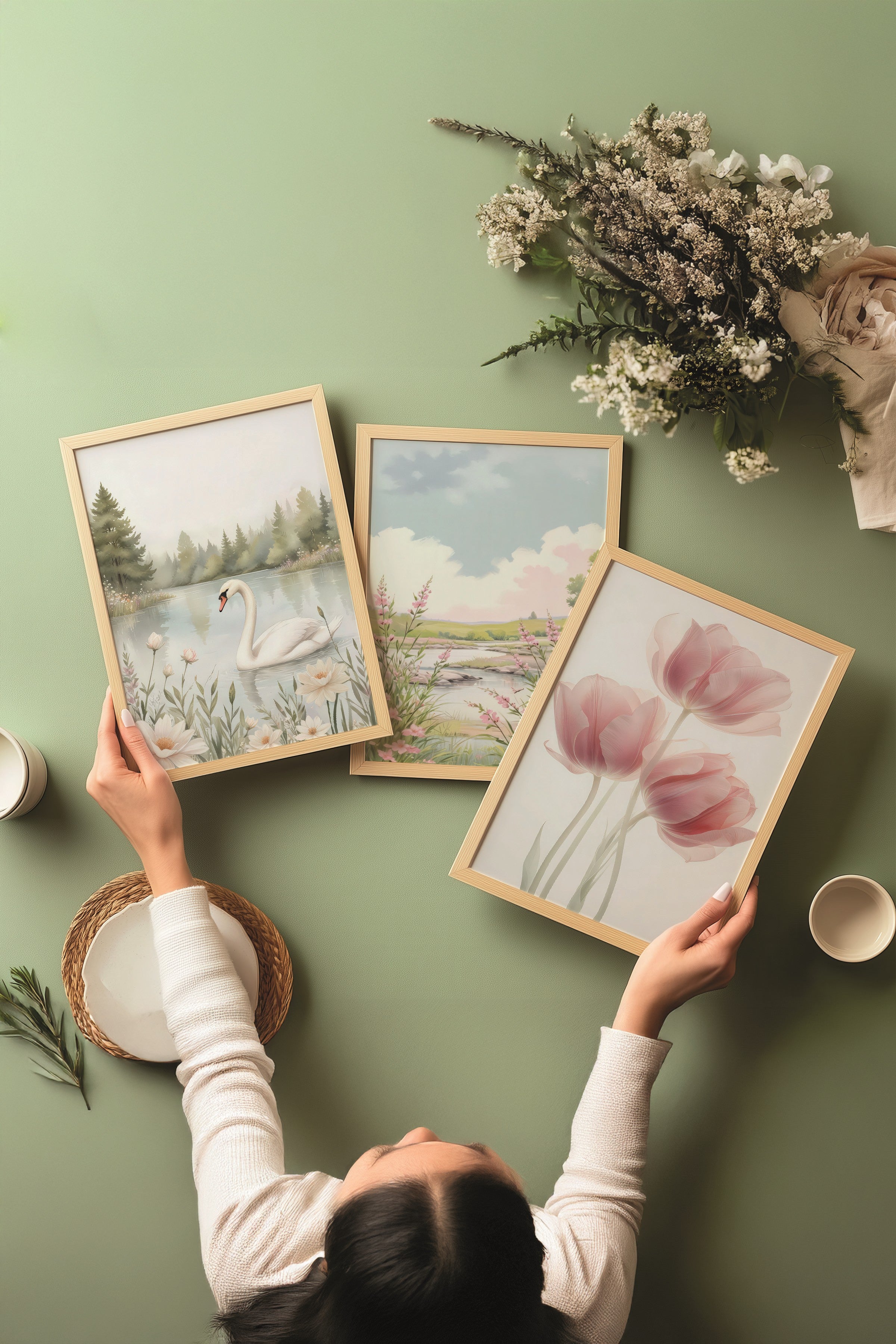 Ahşap Tablo Seti, 3 Adet Ahşap Çerçeveli Poster Swan Nature Model No:300804, Multicolor Duvar Dekoru