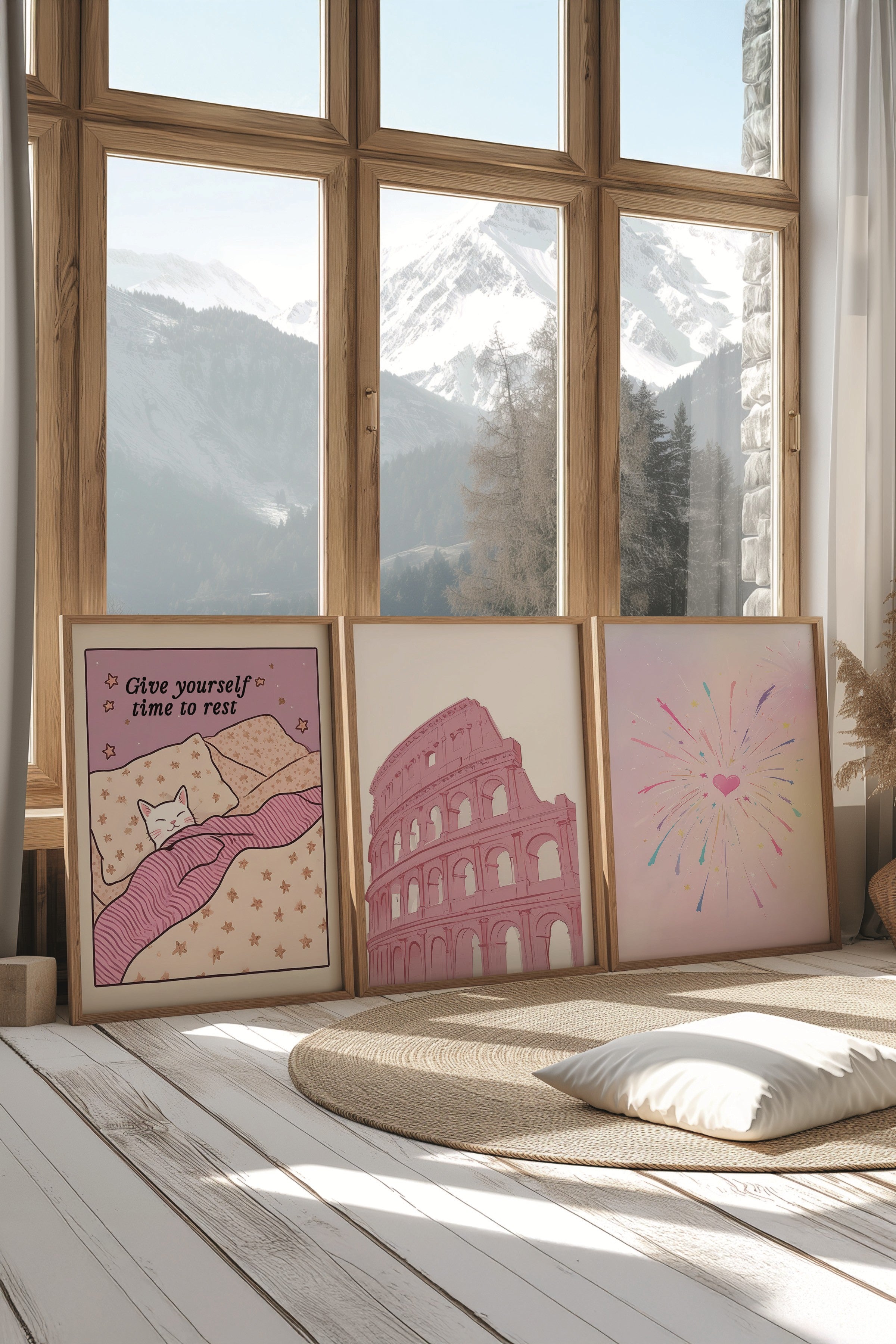 Ahşap Tablo Seti, 3 Adet Ahşap Çerçeveli Poster Time to Rest Model No:300803, Pembe Duvar Dekoru