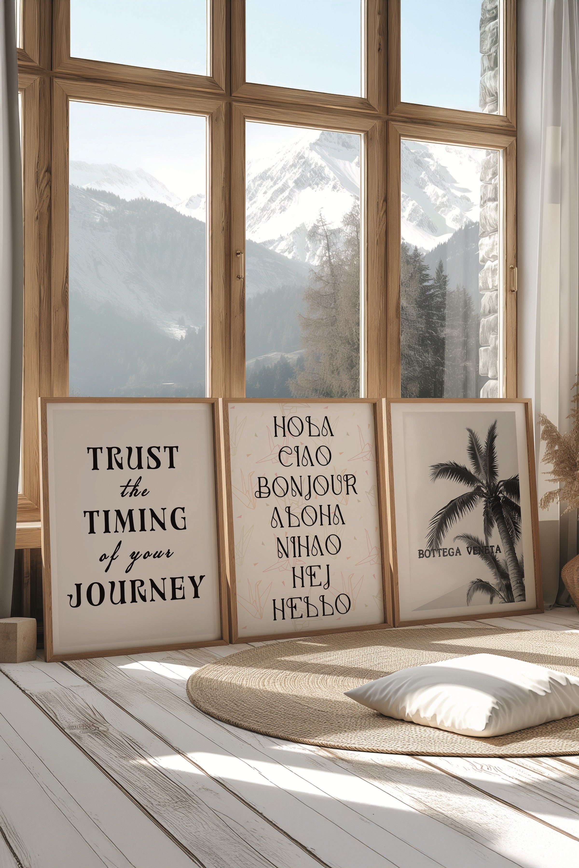 Ahşap Tablo Seti, 3 Adet Ahşap Çerçeveli Poster Trust the Timing Model No:300810, Siyah ve Beyaz Dekor