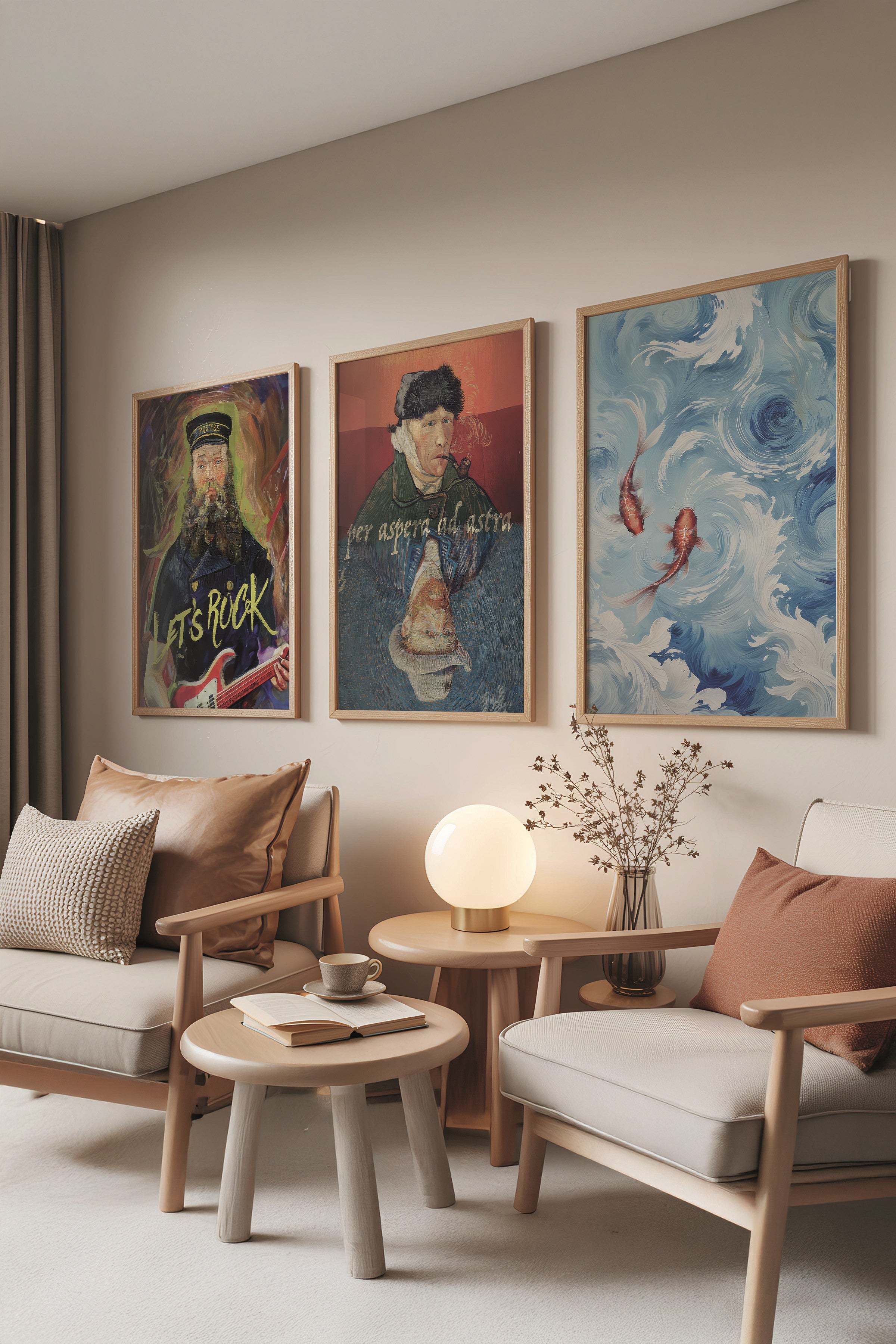 Ahşap Tablo Seti, 3 Adet Ahşap Çerçeveli Poster Van Gogh Model No:300802, Duvar Dekoru