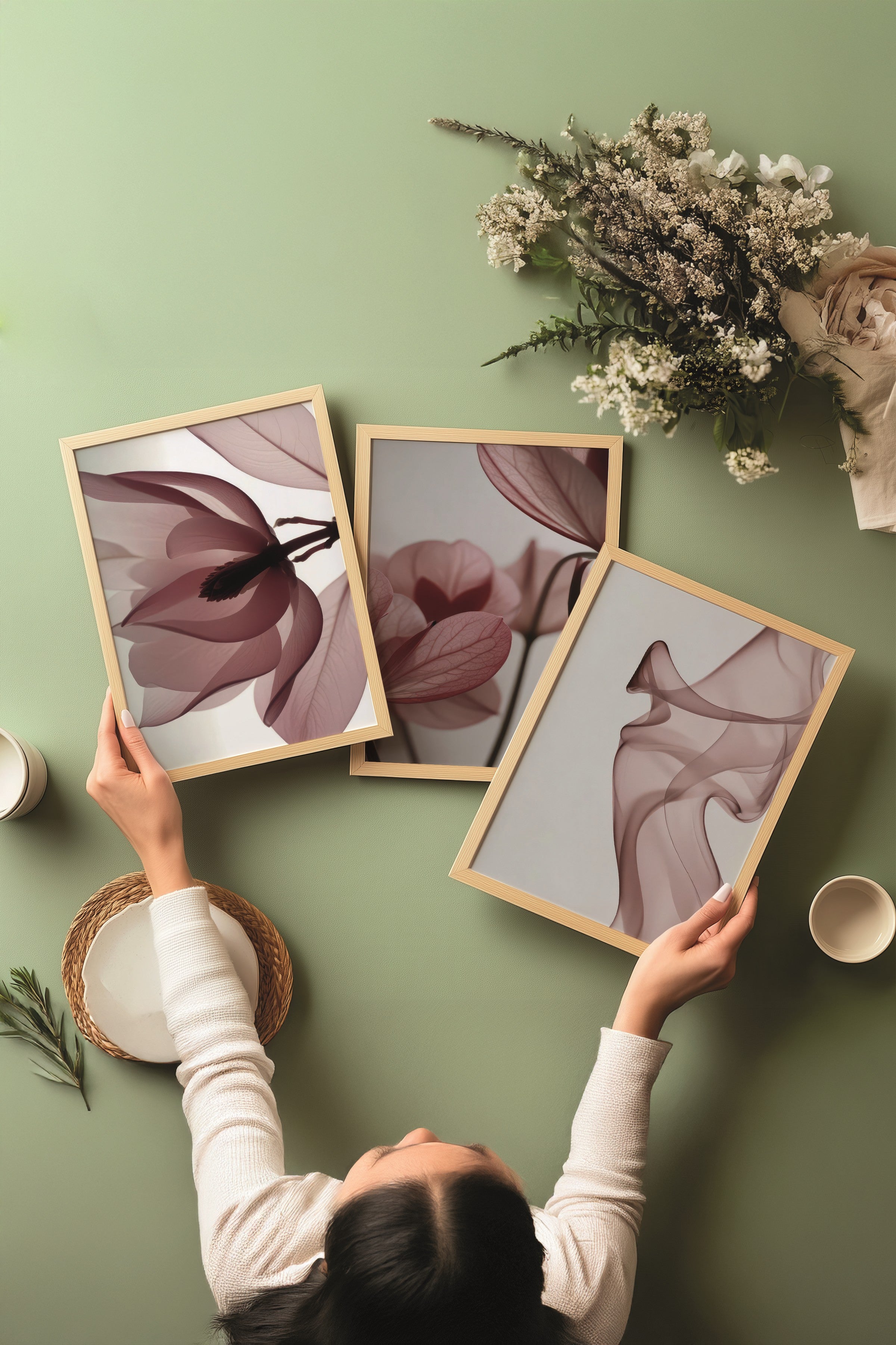 Ahşap Tablo Seti, 3 Adet Ahşap Çerçeveli Poster Vivid Flower Model No:300800, Kırmızı Duvar Dekoru