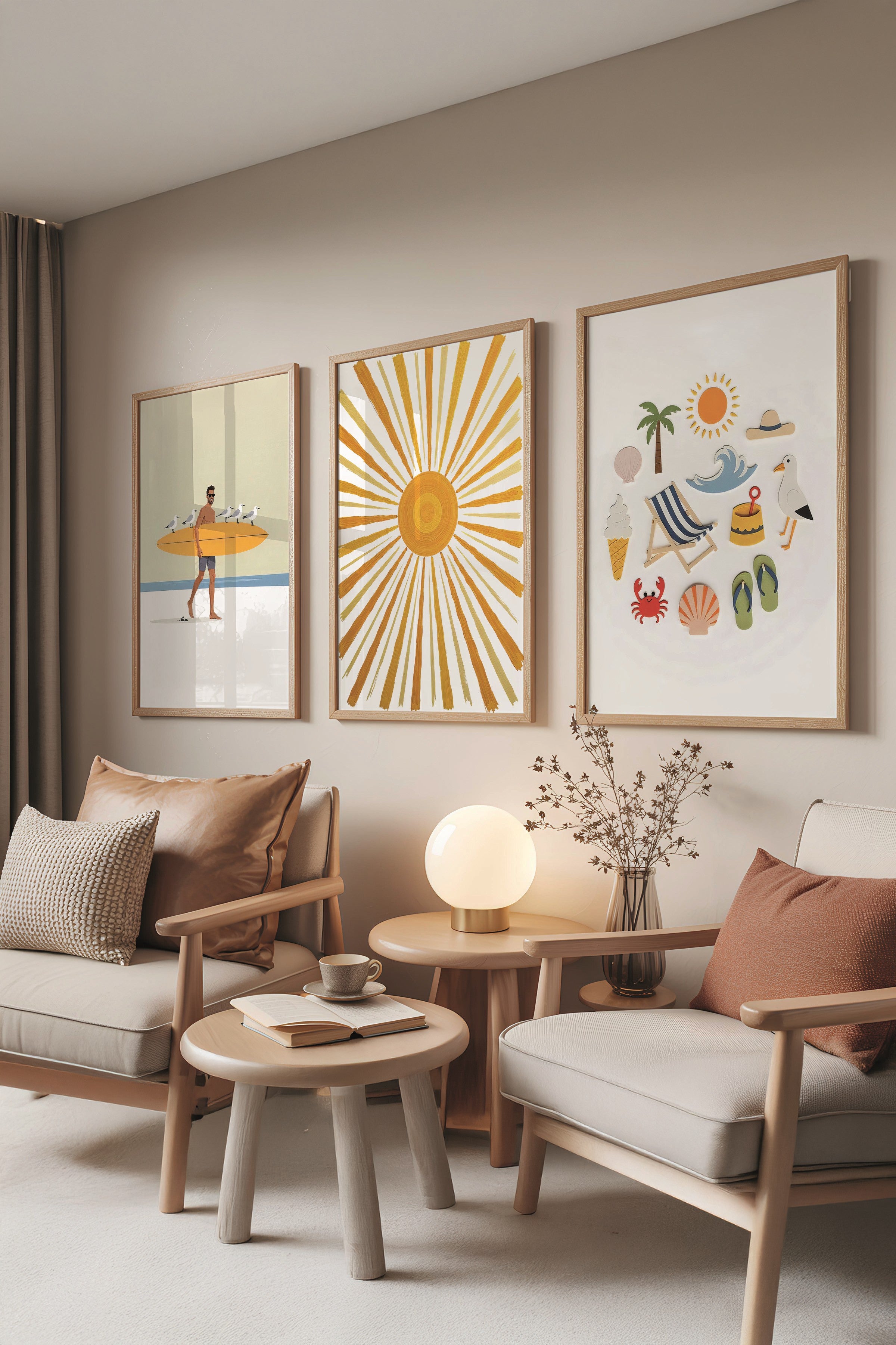 Ahşap Tablo Seti, 3 Adet Ahşap Çerçeveli Poster Yellow summer Model No:300832, Sarı Duvar Dekoru