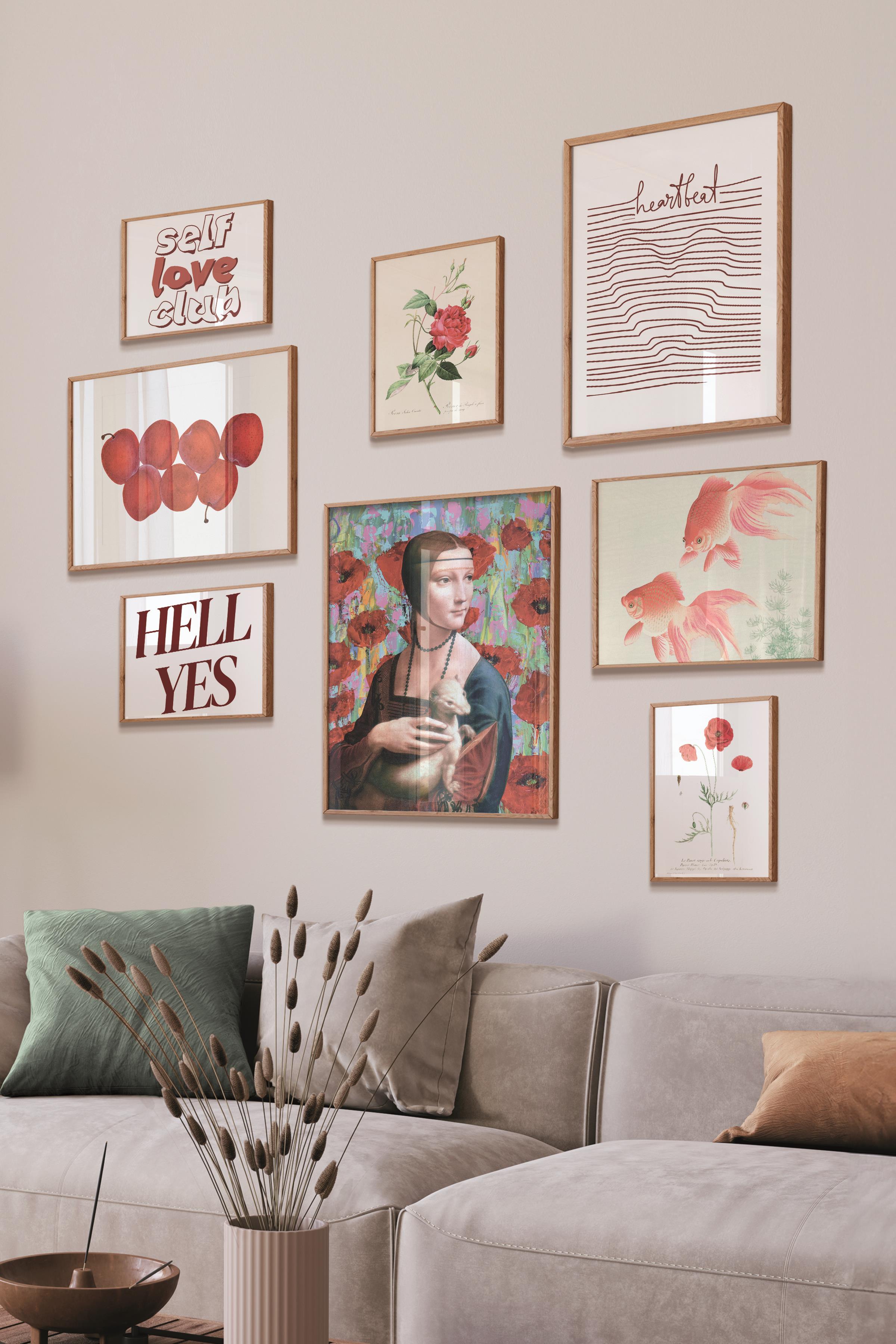 Ahşap Tablo Seti, 8 Adet Çerçeve Seti,Kırmızı Maximalist Vintage Temalı Galeri Poster Seti NO:042