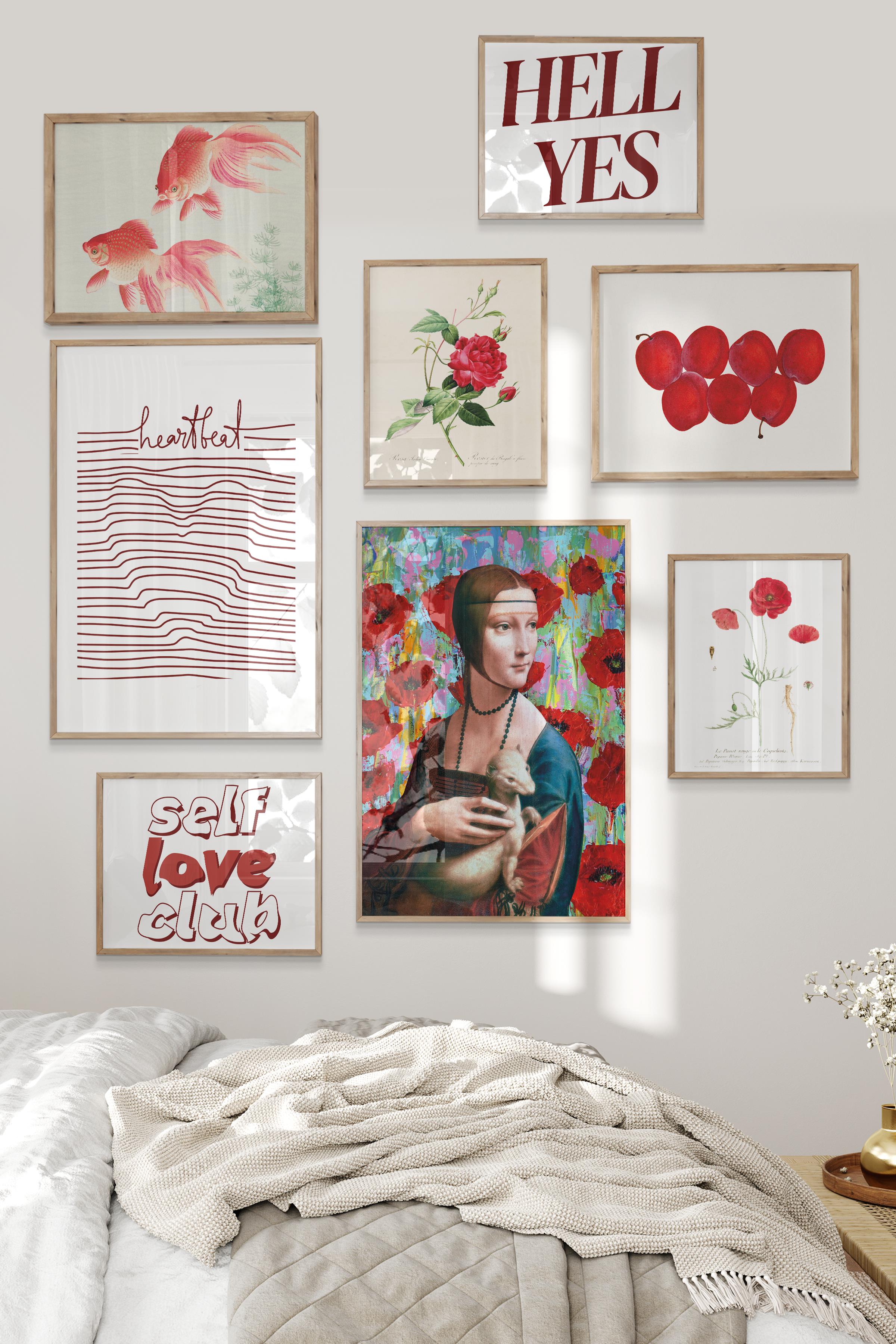 Ahşap Tablo Seti, 8 Adet Çerçeve Seti,Kırmızı Maximalist Vintage Temalı Galeri Poster Seti NO:042