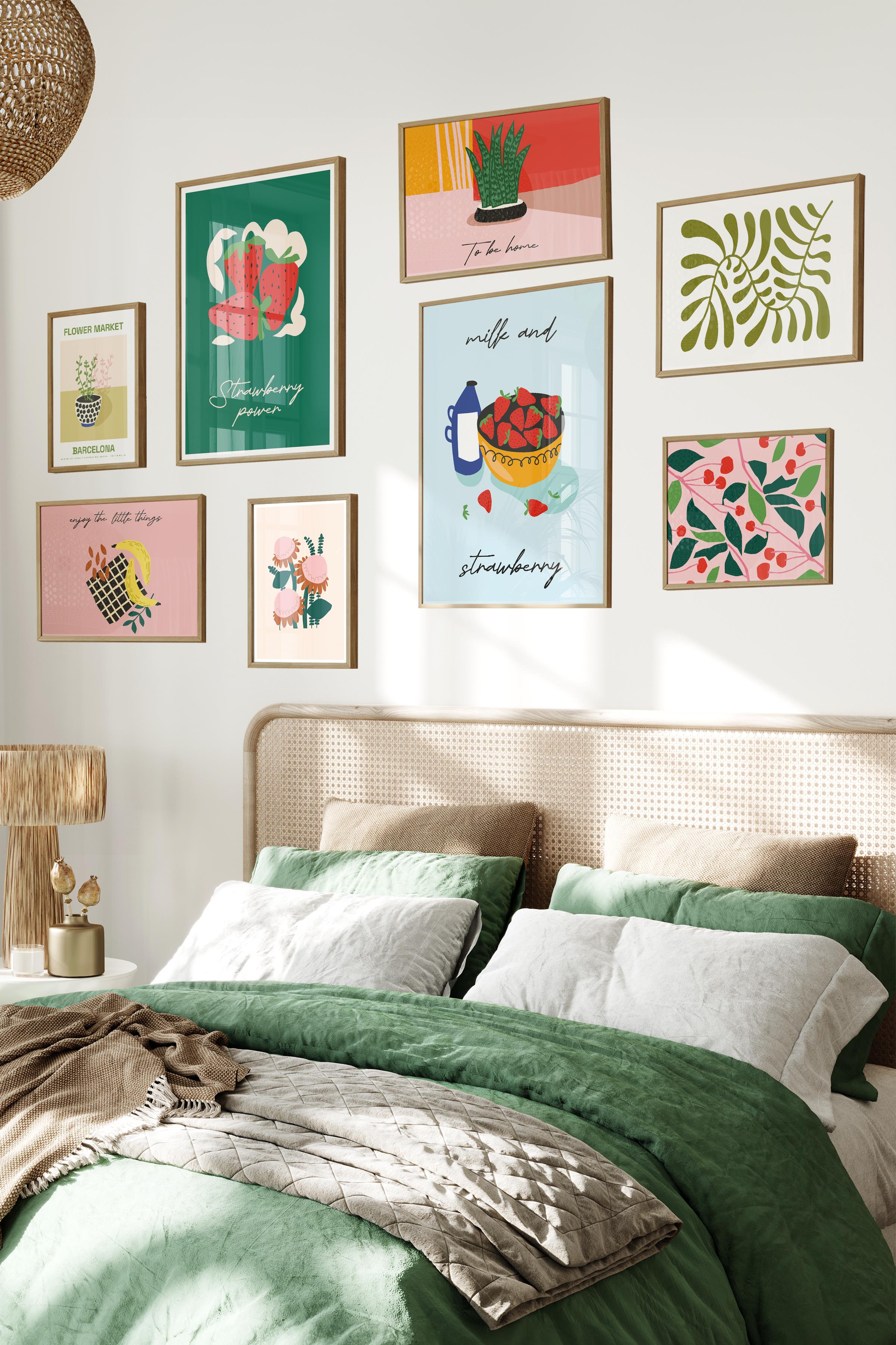 Ahşap Tablo Seti, 8 Adet Çerçeve Seti,Rengarenk İllustrasyon Mutfak Temalı Galeri Poster Seti NO:046