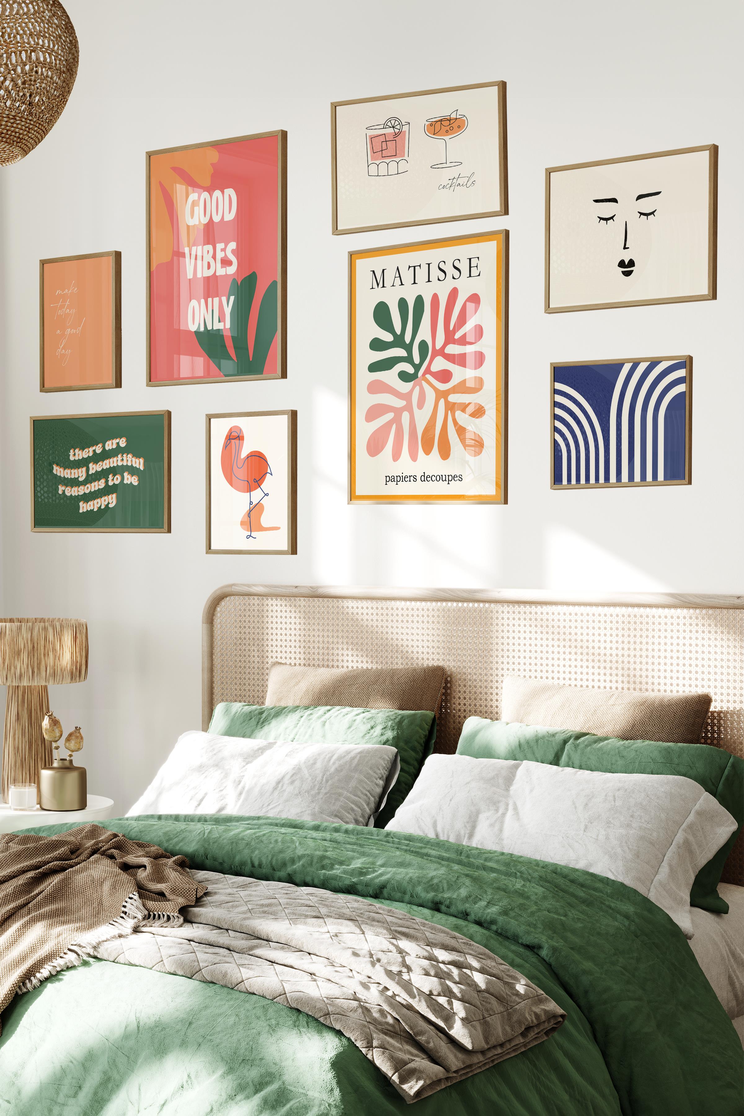 Ahşap Tablo Seti, 8 Adet Çerçeve Seti,Rengarenk Matisse Temalı Galeri Poster Seti NO:028