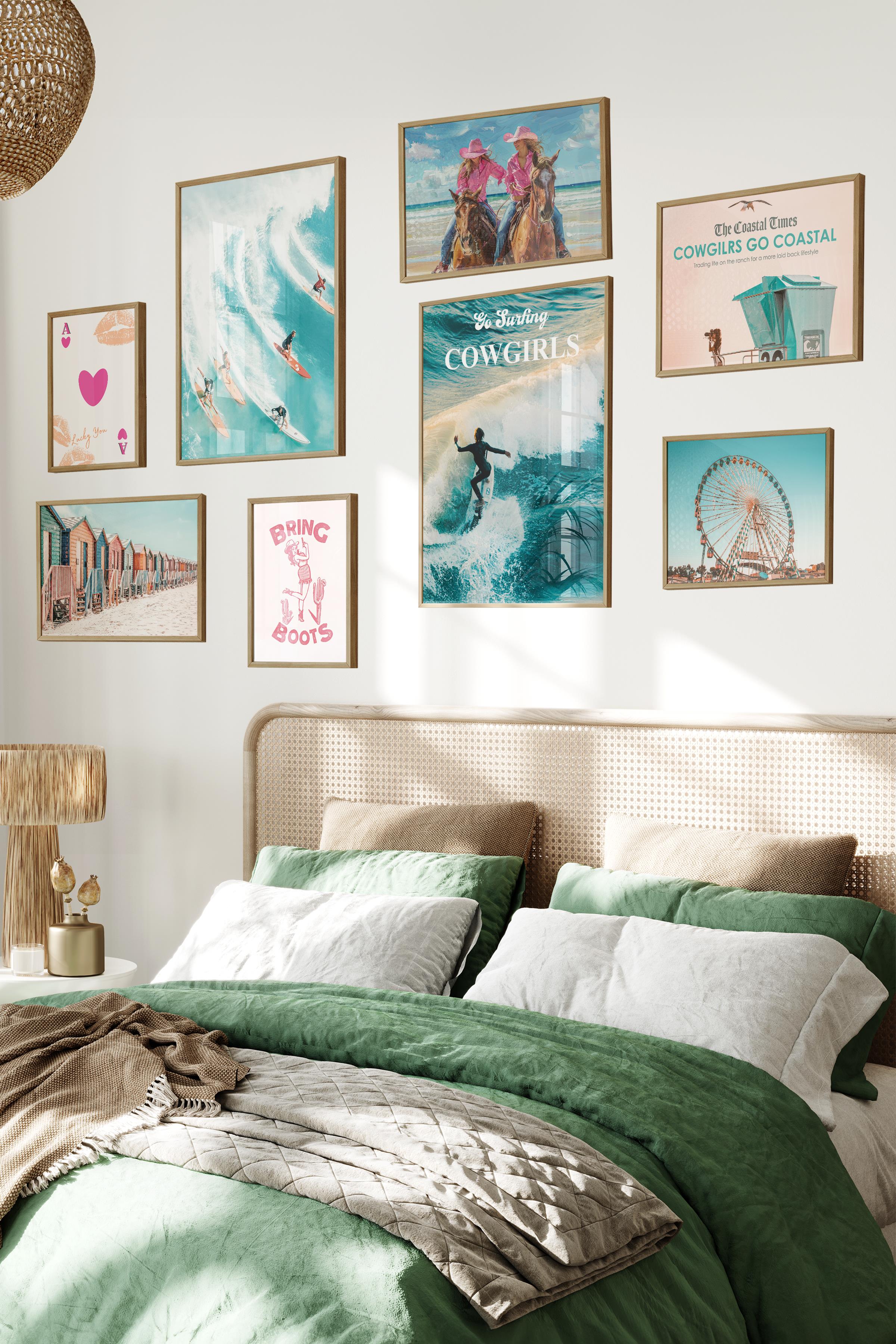 Ahşap Tablo Seti, 8 Adet Çerçeve Seti,Sörf ve Okyanus - Mavi Sahil Temalı Galeri Poster Seti NO:004