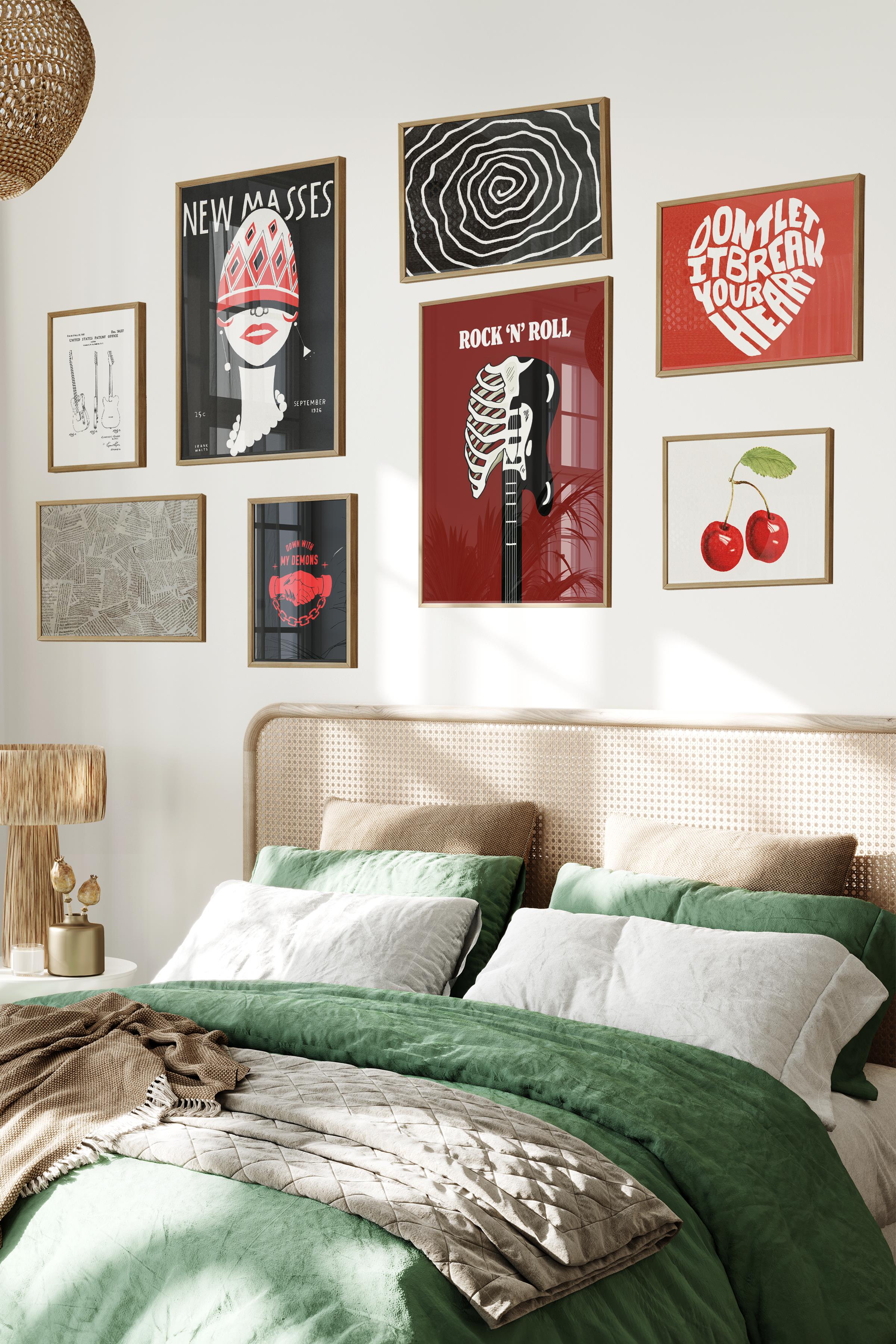 Ahşap Tablo Seti, 8 Adet Çerçeve Seti,Urban Rhyhtm - Kırmızı Vintage Temalı Galeri Poster Seti NO:001