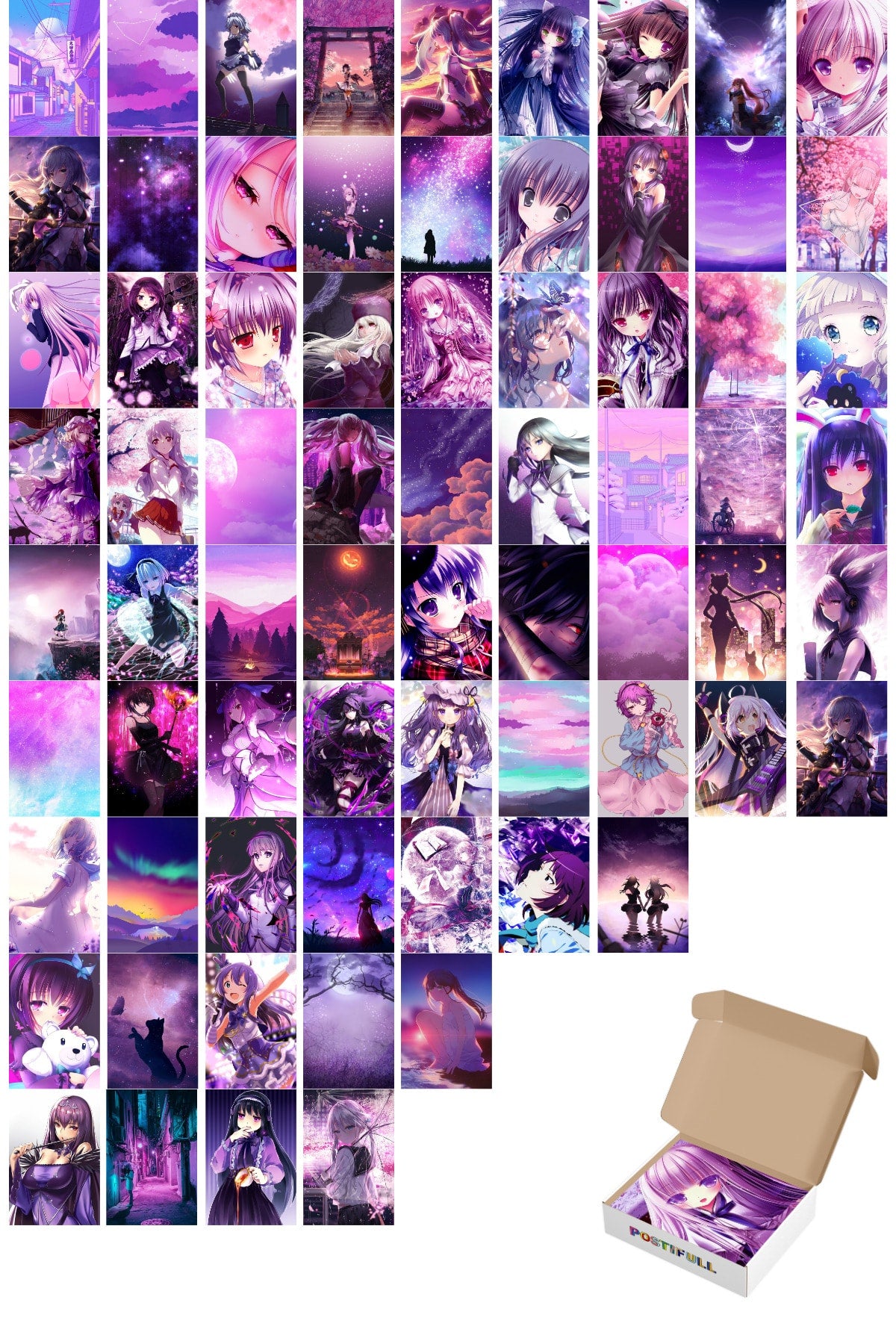 Anime Duvar Poster Seti - Arkası Yapışkanlı Kolaj Set - 70 Adet - Mor Anime Poster Seti