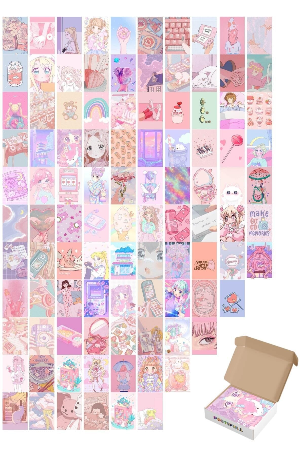 Anime Poster Seti - Arkası Yapışkanlı Kawai Poster Kolaj Seti - 100 Adet - 10cm*15cm- Kutulu Set