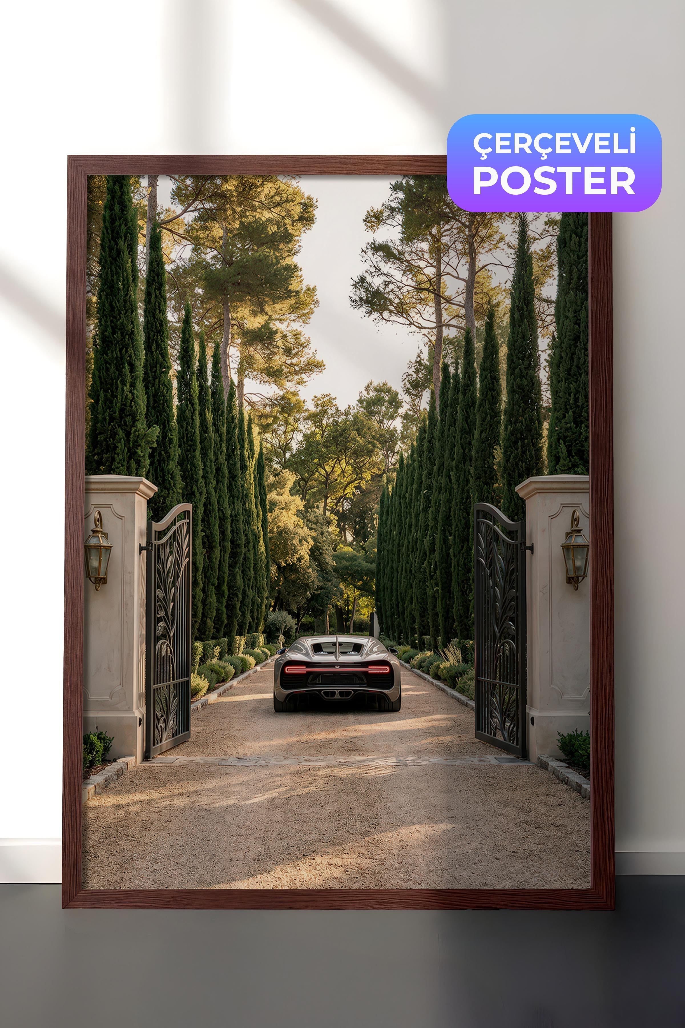 Araba ve Ağaçlar Posteri, Kahverengi Çerçeveli Poster, Old Money Serisi, NO:113156