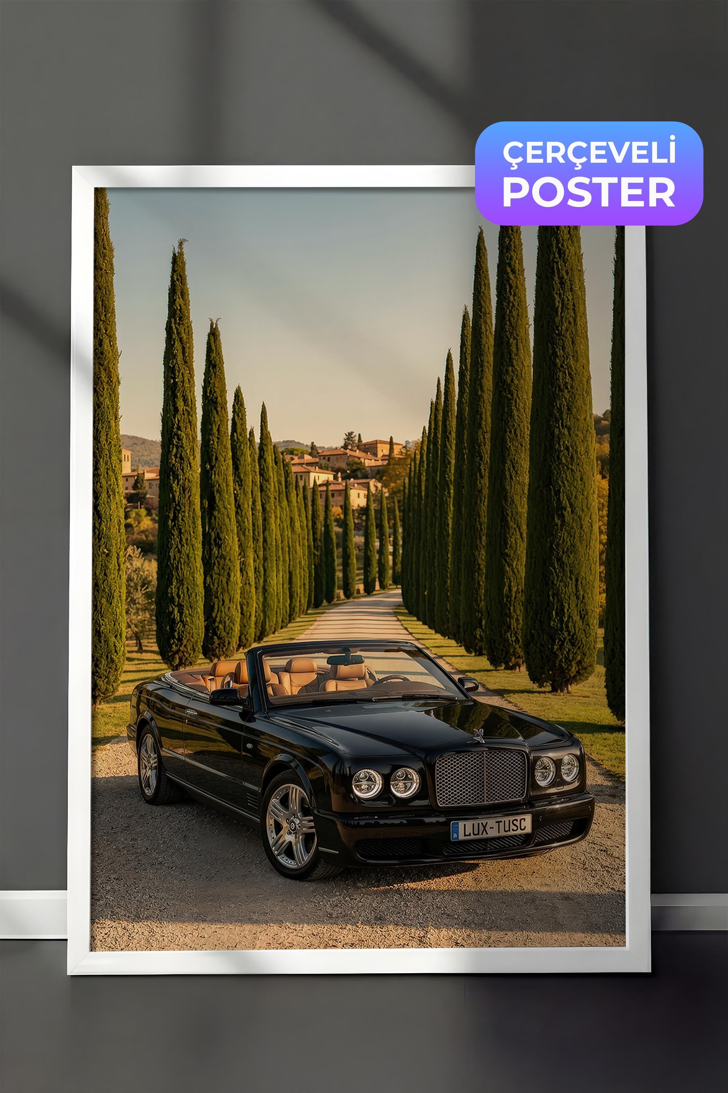 Araba ve Ağaçlı Yol Posteri, Beyaz Çerçeveli Poster, Old Money Serisi, NO:113121