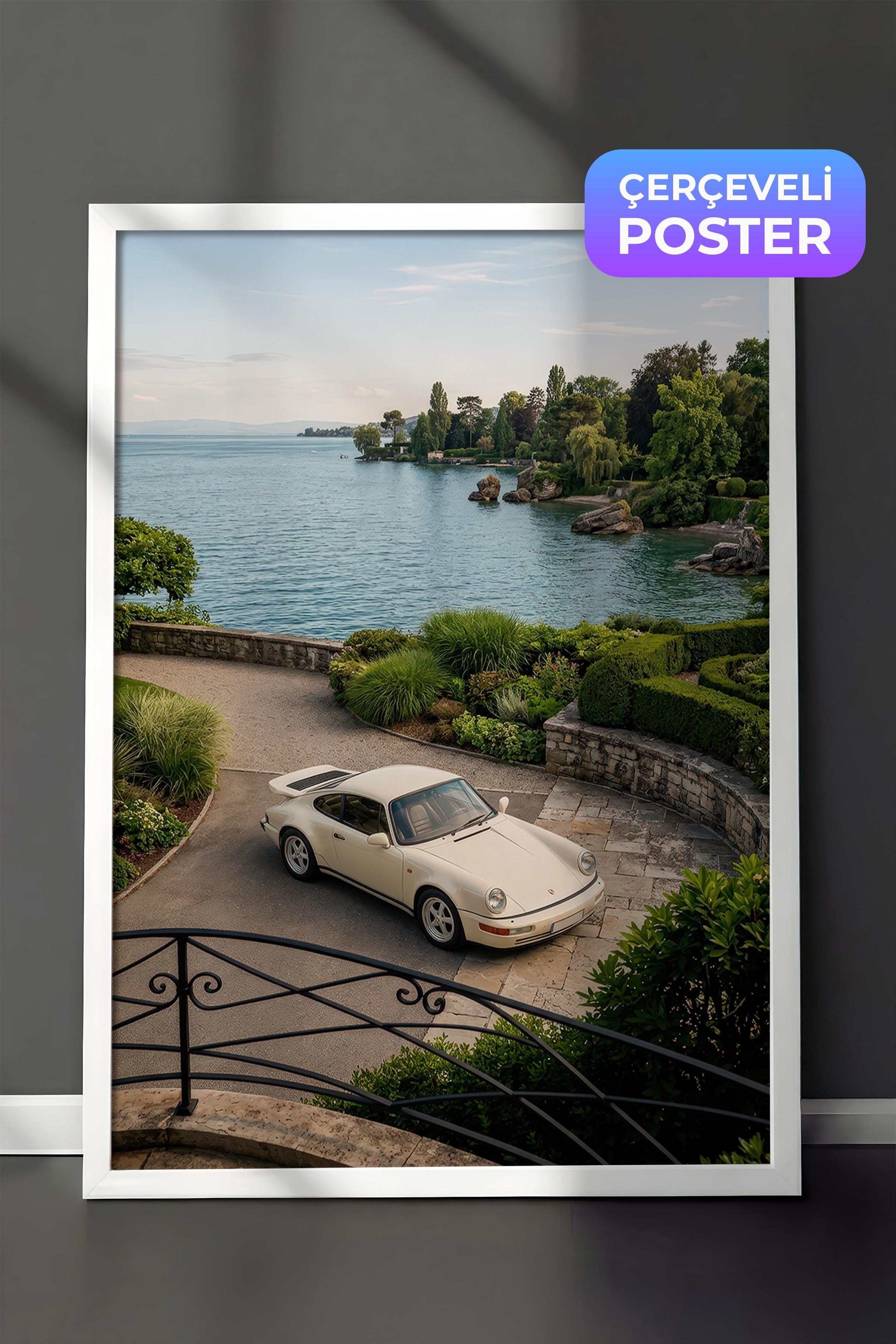Araba ve Göl Manzarası Posteri, Beyaz Çerçeveli Poster, Old Money Serisi, NO:113209