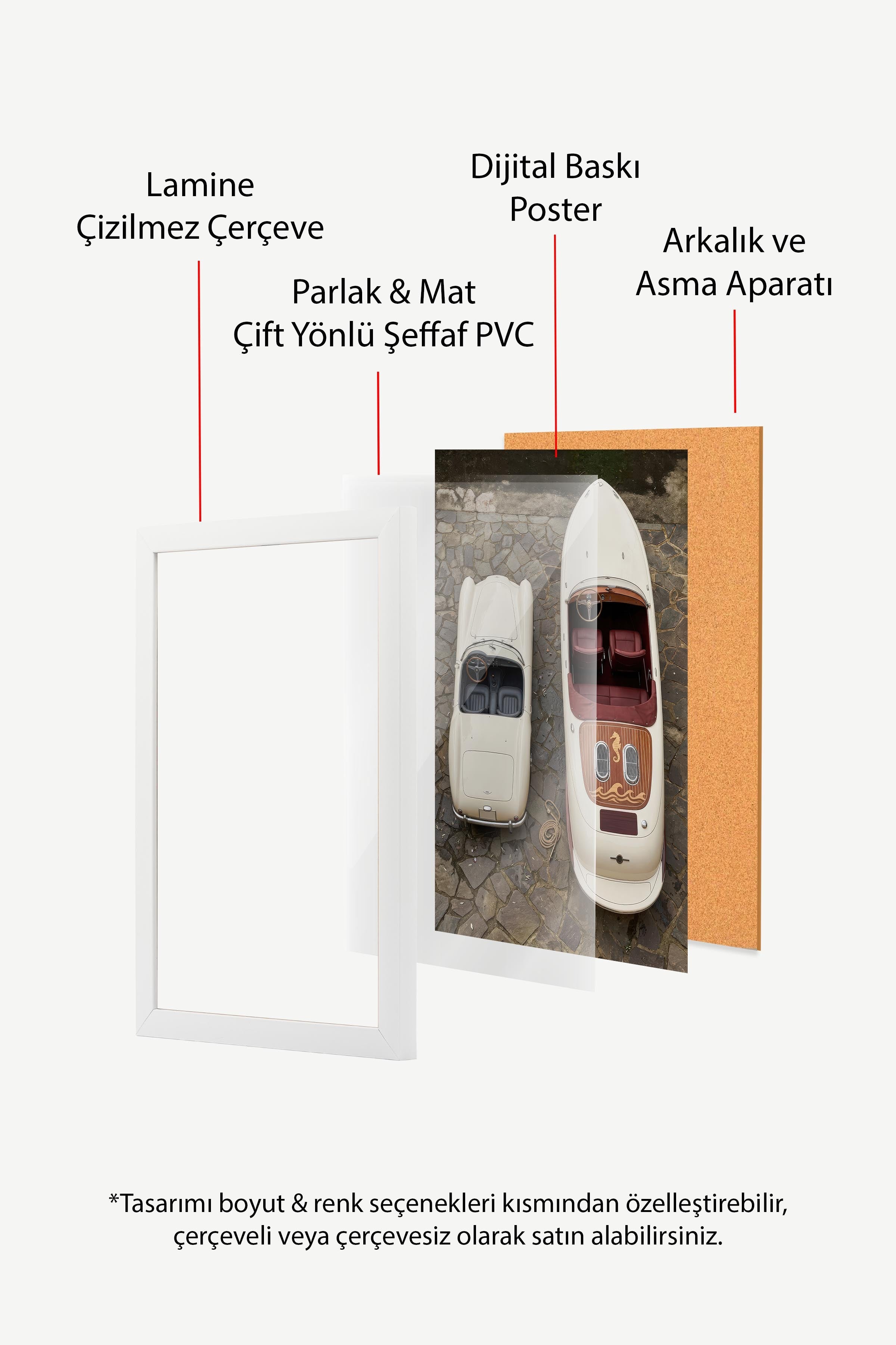 Araba ve Tekne Posteri, Beyaz Çerçeveli Poster, Old Money Serisi, NO:113165