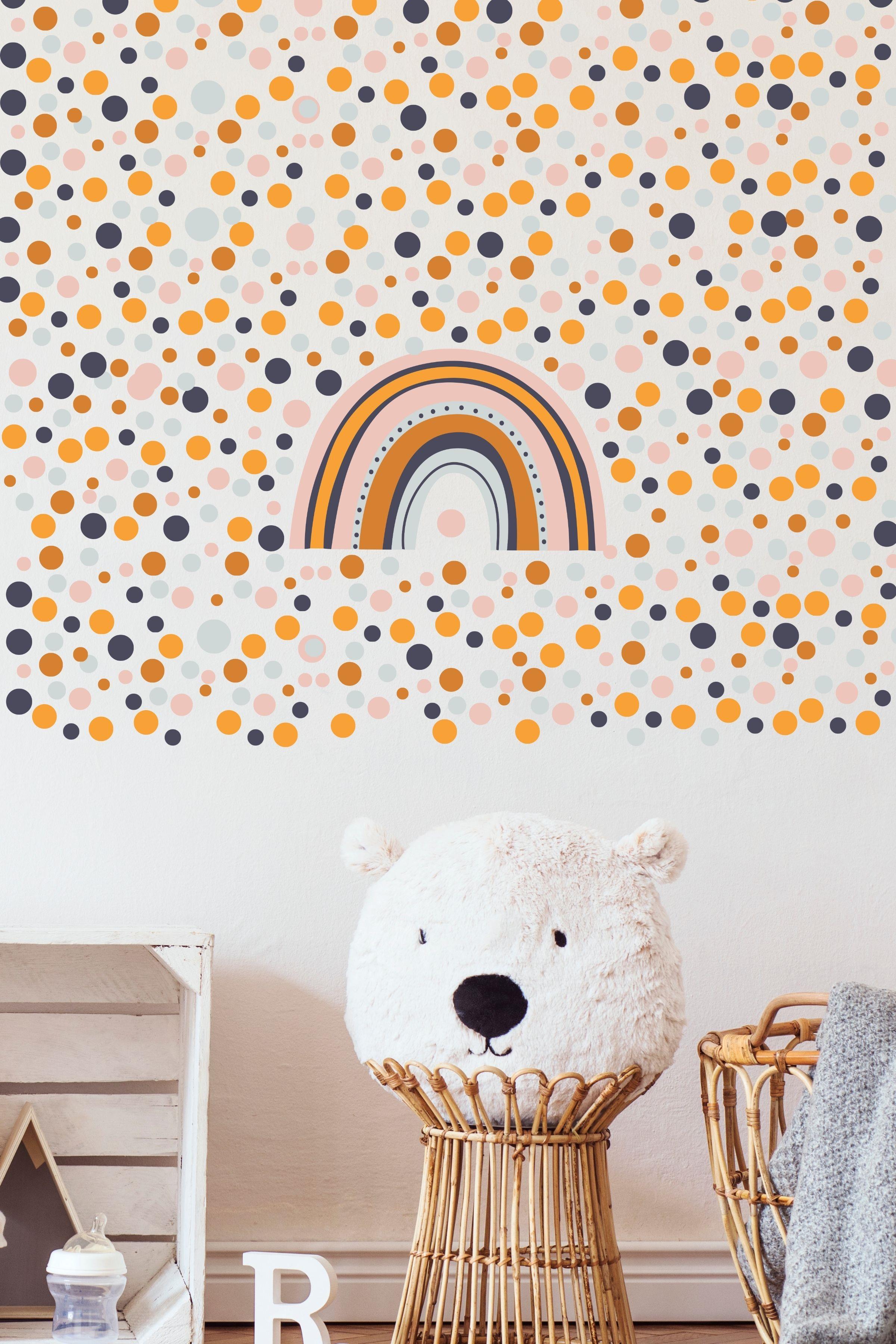 Bebek Odası Sticker Seti Duvar Dekoru, Gökkuşağı ve Puantiye Desen, Çocuk Odası Duvar Stickerı