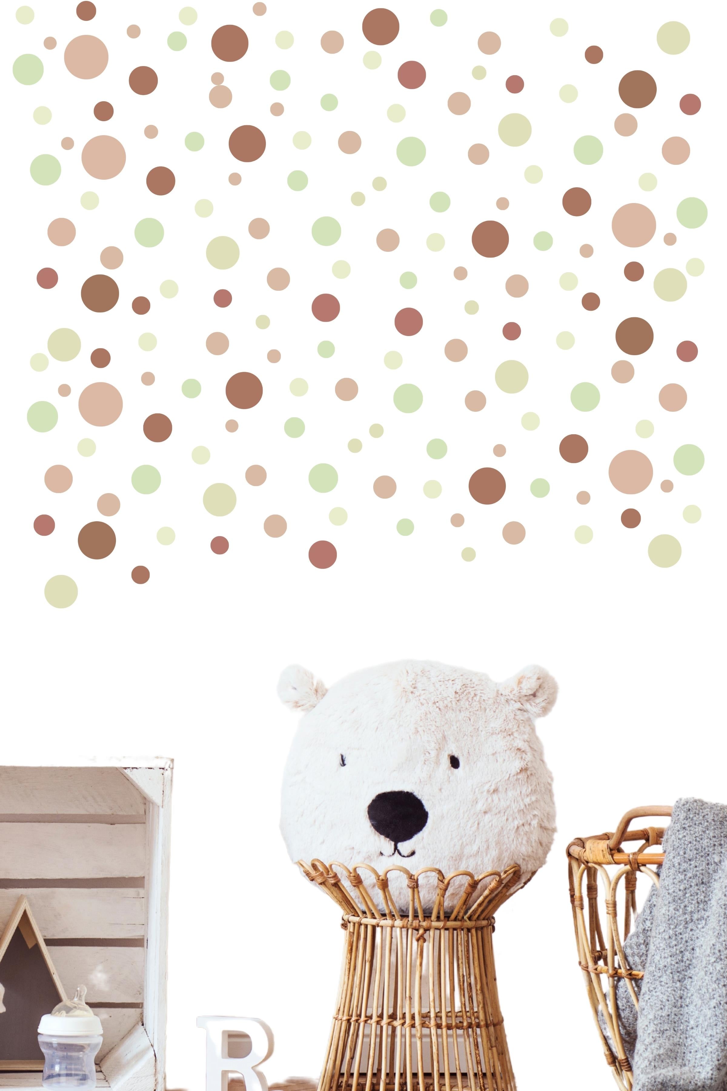 Bebek Odası Sticker Seti Duvar Dekoru, Kahverengi & Gül Kurusu Puantiye Desen, Çocuk Odası Duvar Stickerı