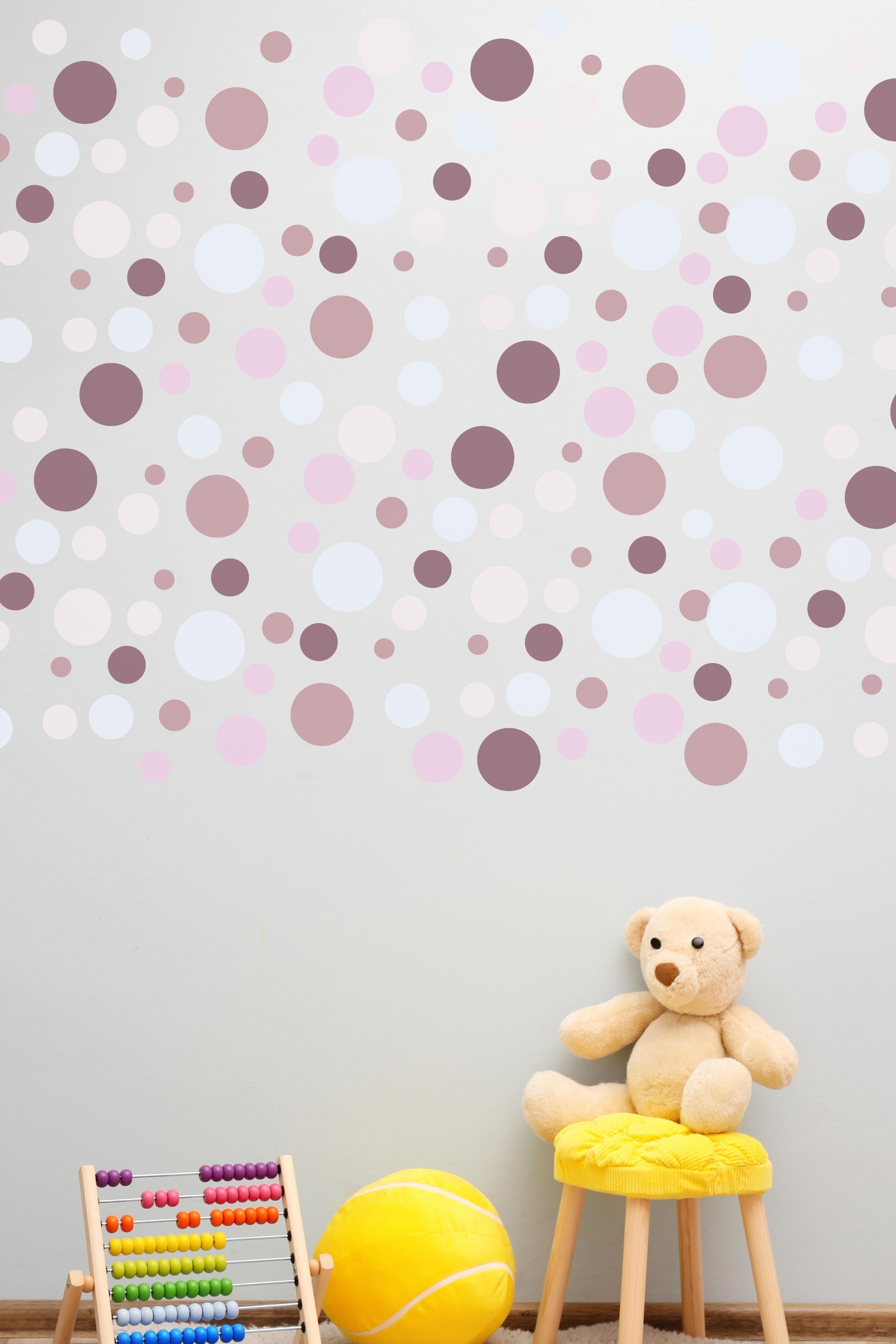 Bebek Odası Sticker Seti Duvar Dekoru, Mor Puantiye Desen, Çocuk Odası Duvar Stickerı