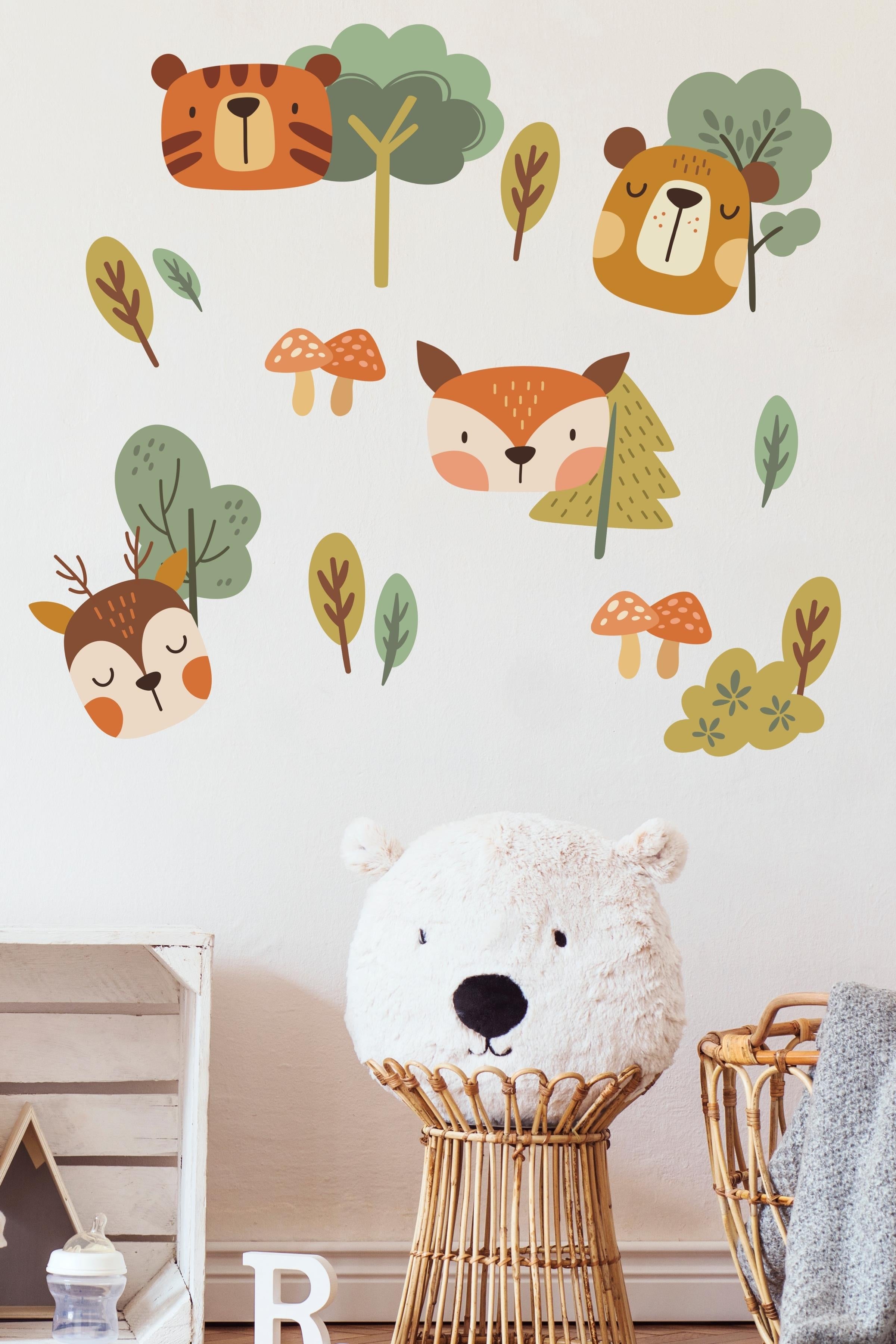 Bebek Odası Sticker Seti Duvar Dekoru, Orman Temalı, Çocuk Odası Duvar Stickerı, Yapışkanlı Duvar Stickerı