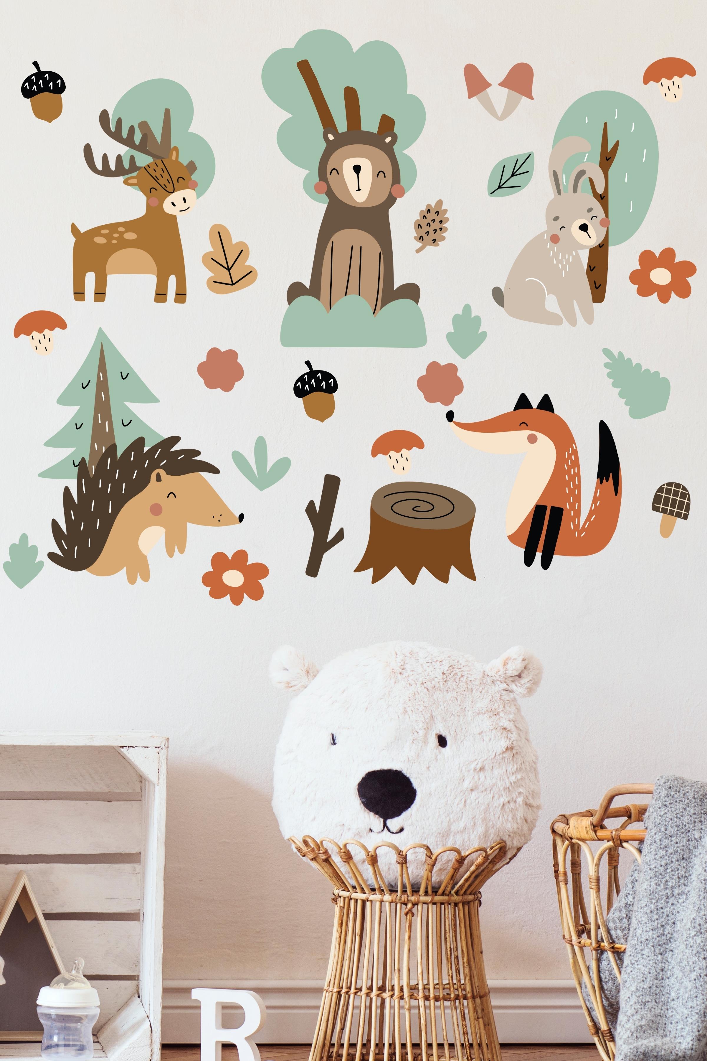 Bebek Odası Sticker Seti Duvar Dekoru, Orman Temalı, Çocuk Odası Duvar Stickerı, Yapışkanlı Duvar Stickerı