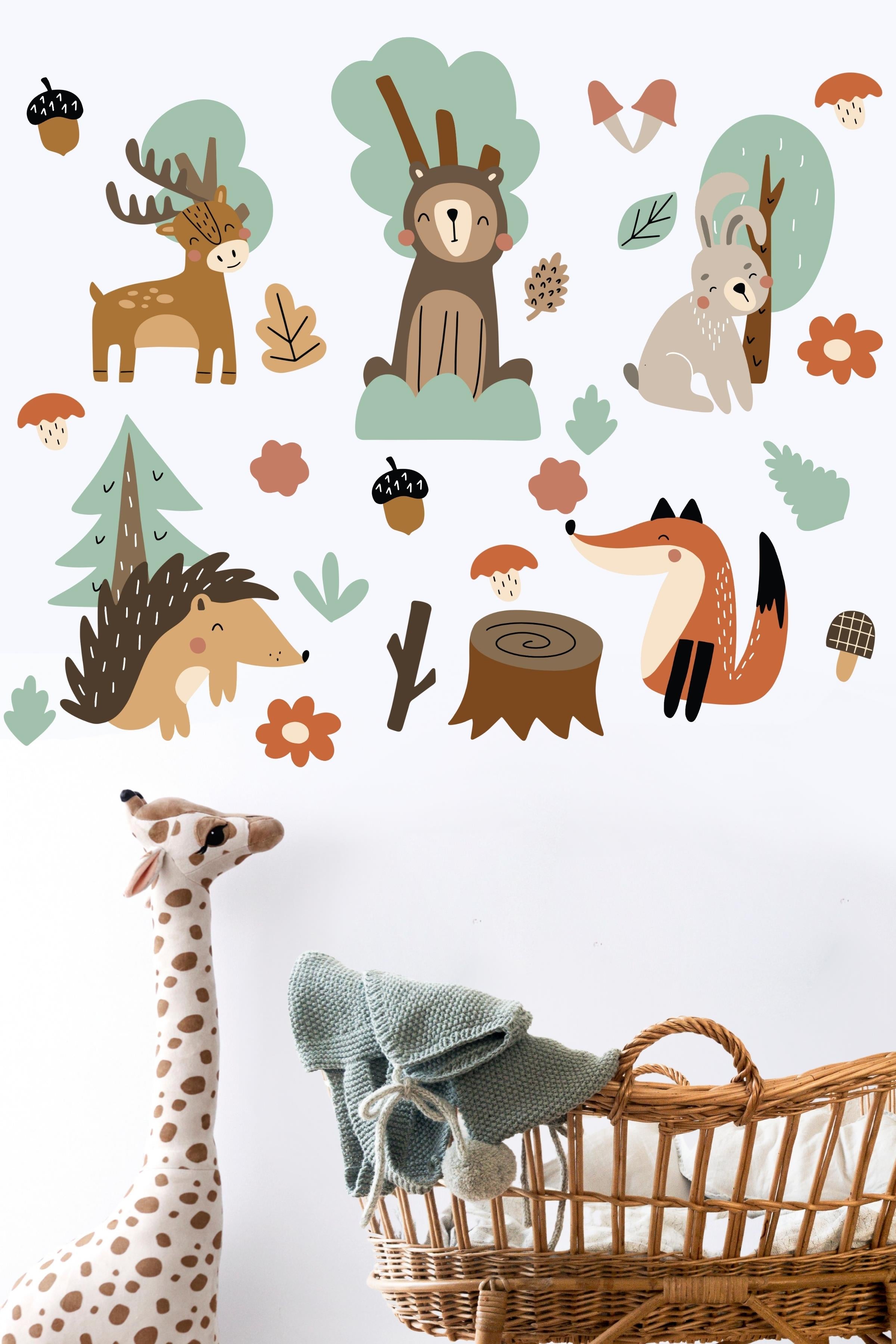 Bebek Odası Sticker Seti Duvar Dekoru, Orman Temalı, Çocuk Odası Duvar Stickerı, Yapışkanlı Duvar Stickerı