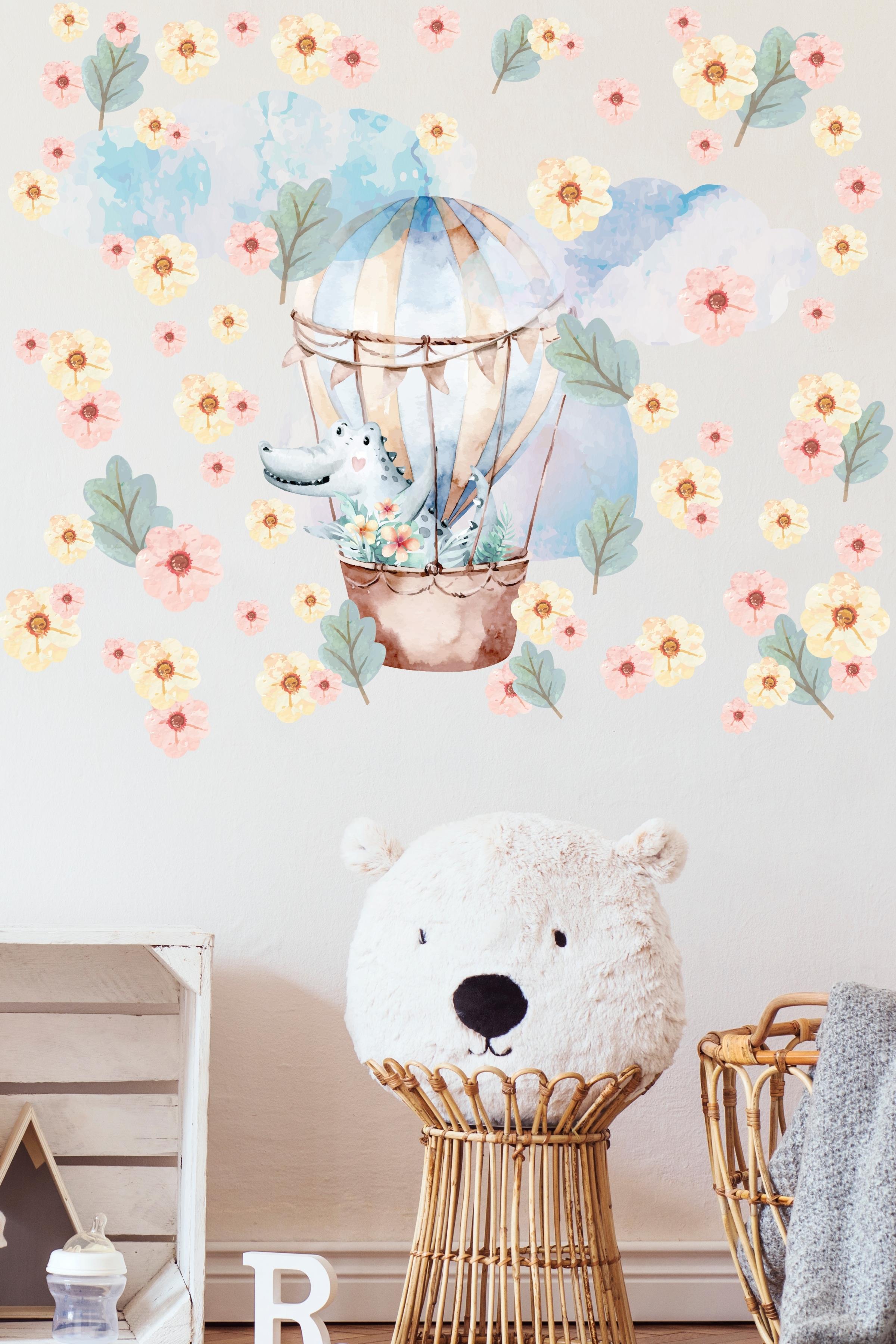 Bebek Odası Sticker Seti Duvar Dekoru, Suluboya Uçan Balon Desen, Çocuk Odası Duvar Stickerı