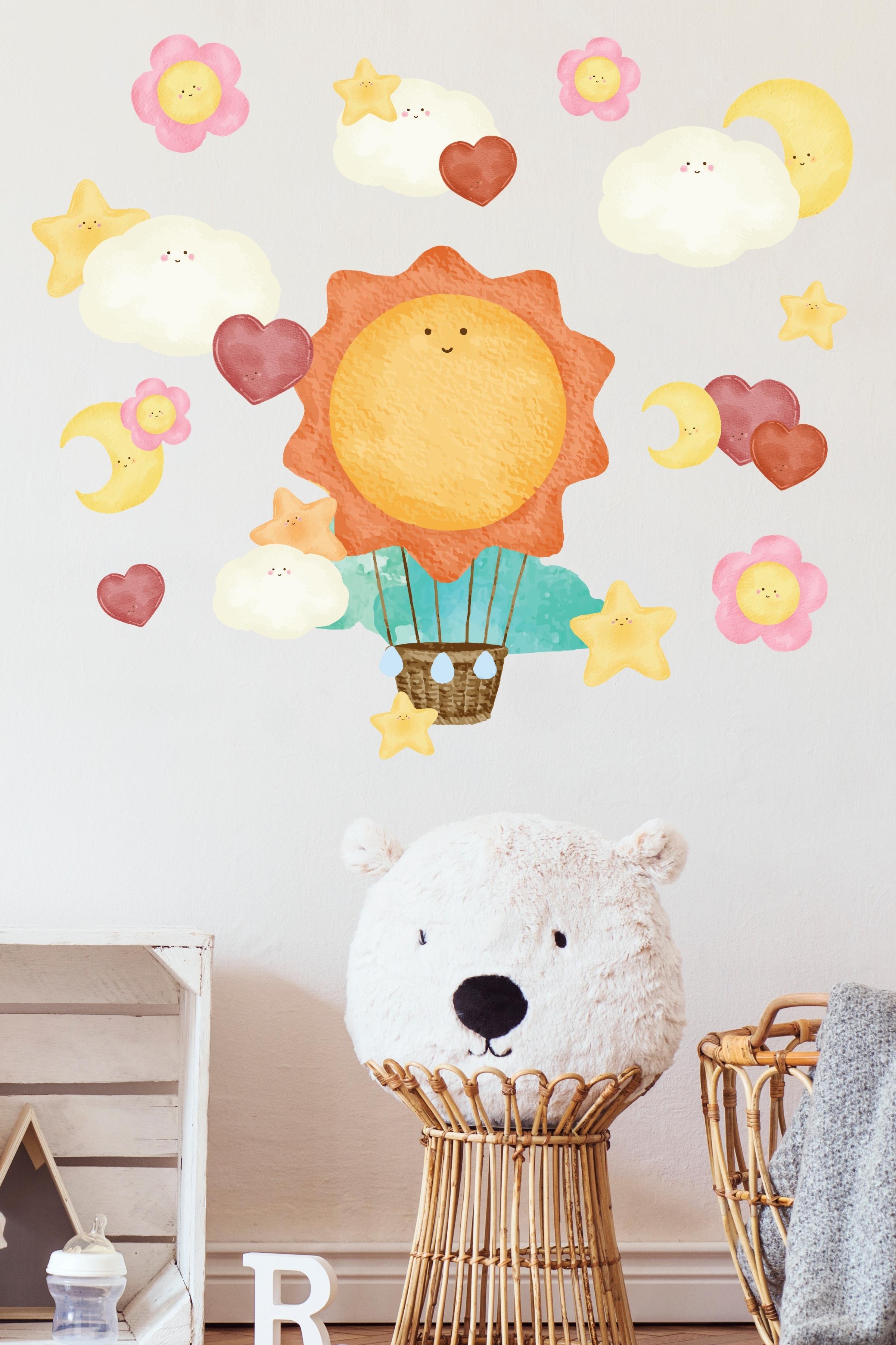 Bebek Odası Sticker Seti Duvar Dekoru, Suluboya Uçan Balon Desen, Çocuk Odası Duvar Stickerı