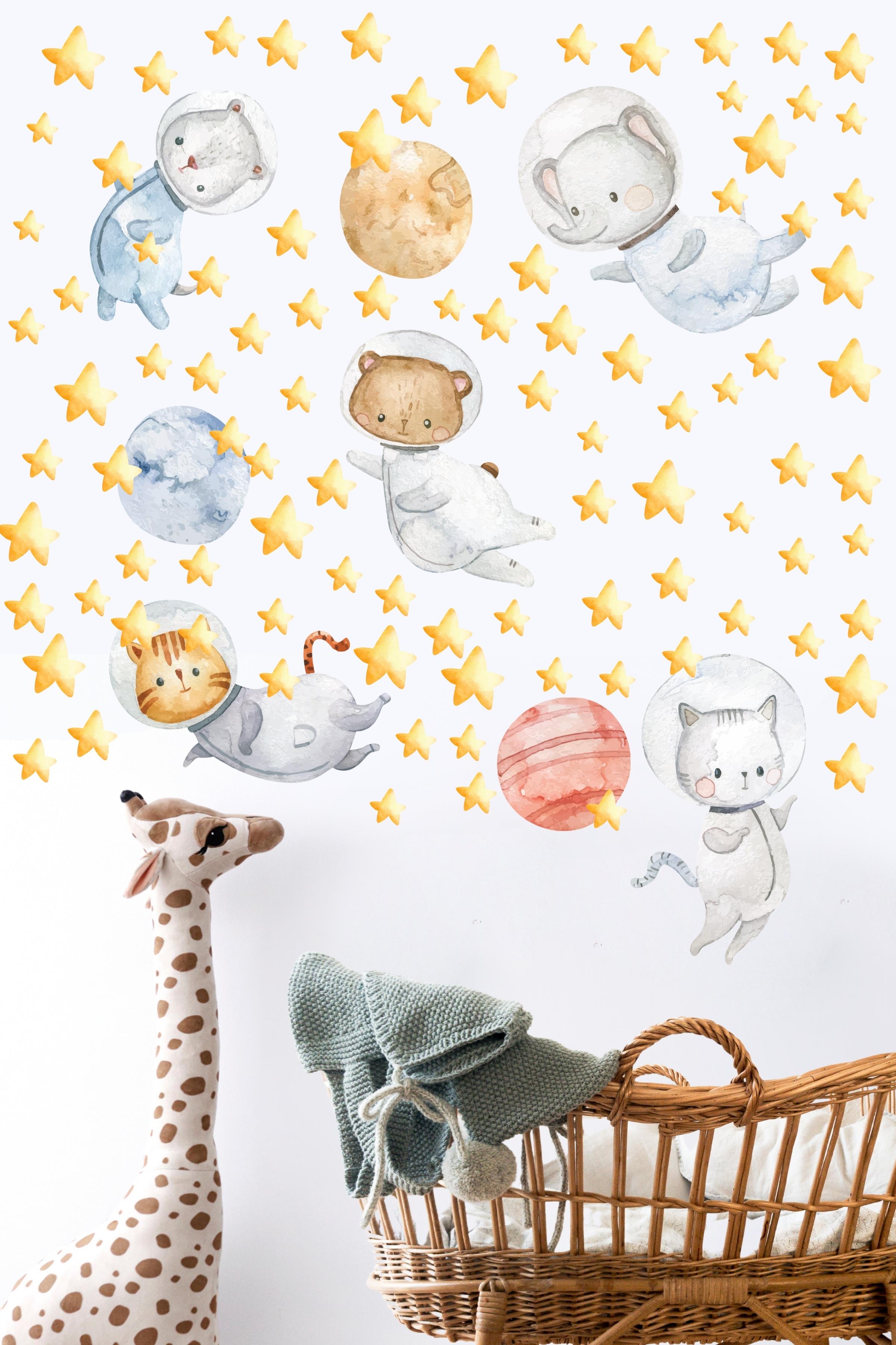 Bebek Odası Sticker Seti Duvar Dekoru, Suluboya Uzay Desen, Çocuk Odası Duvar Stickerı