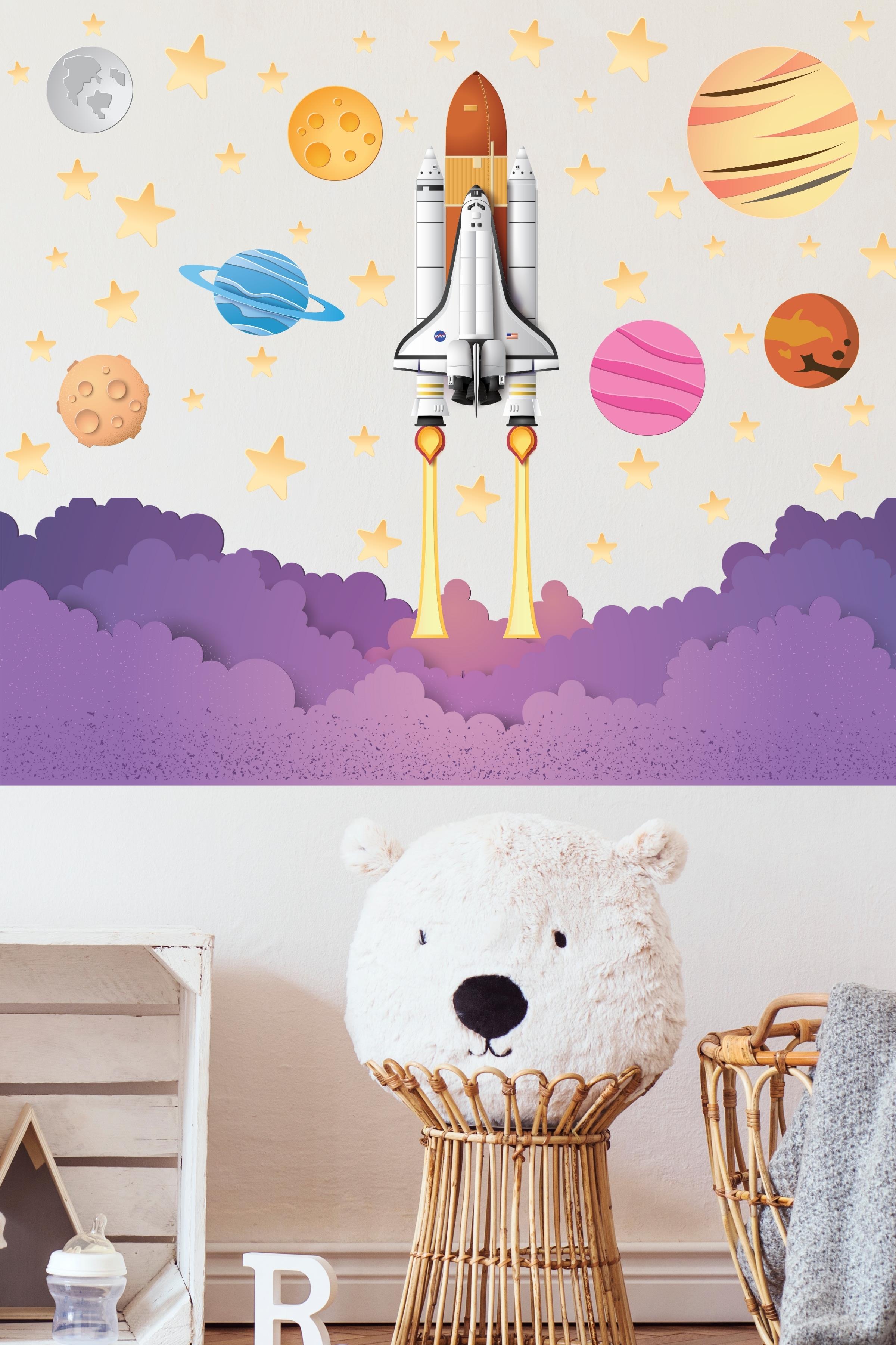 Bebek Odası Sticker Seti Duvar Dekoru, Uzay Temalı, Çocuk Odası Duvar Stickerı, Yapışkanlı Duvar Stickerı