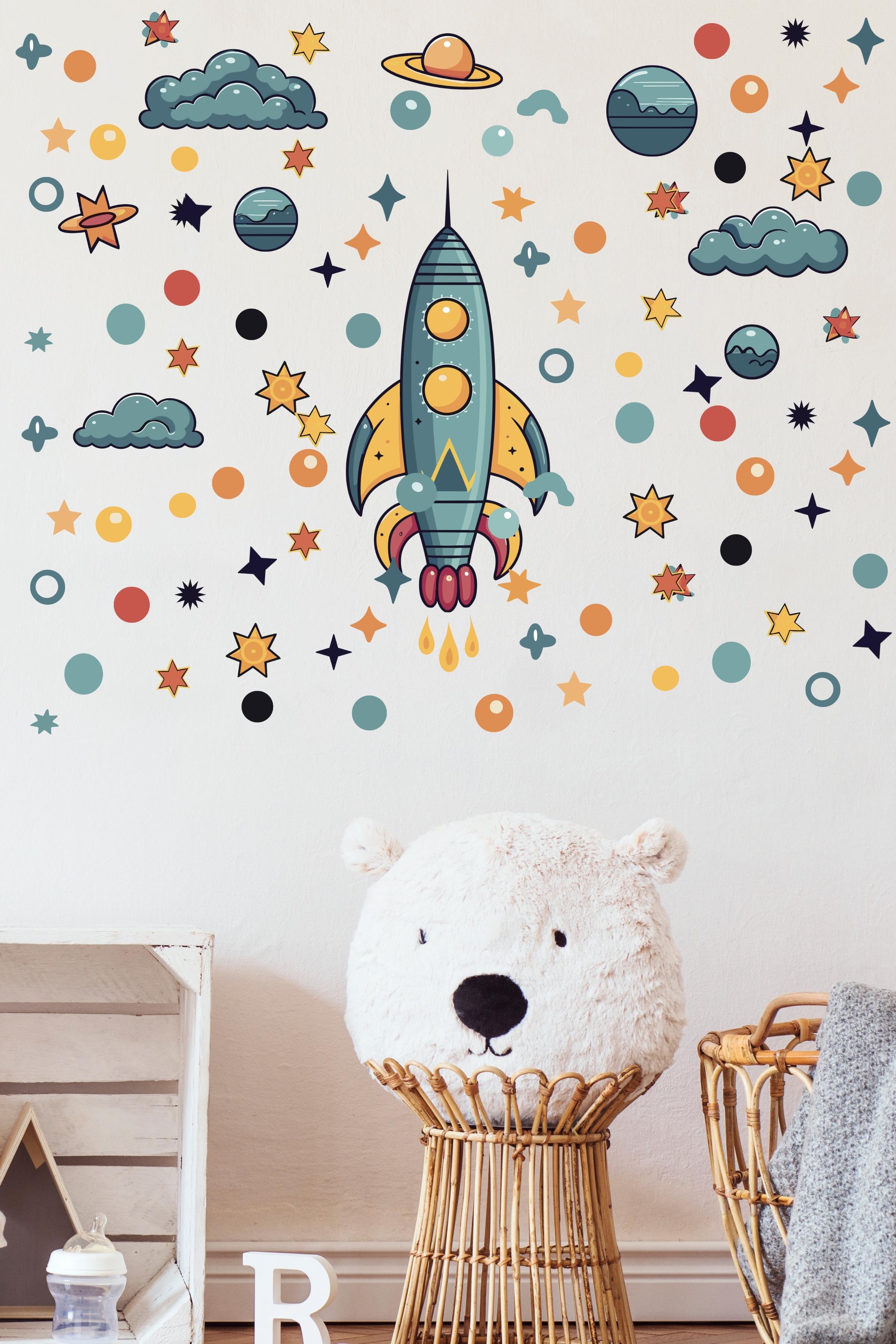 Bebek Odası Sticker Seti Duvar Dekoru, Uzay Temalı, Çocuk Odası Duvar Stickerı, Yapışkanlı Duvar Stickerı