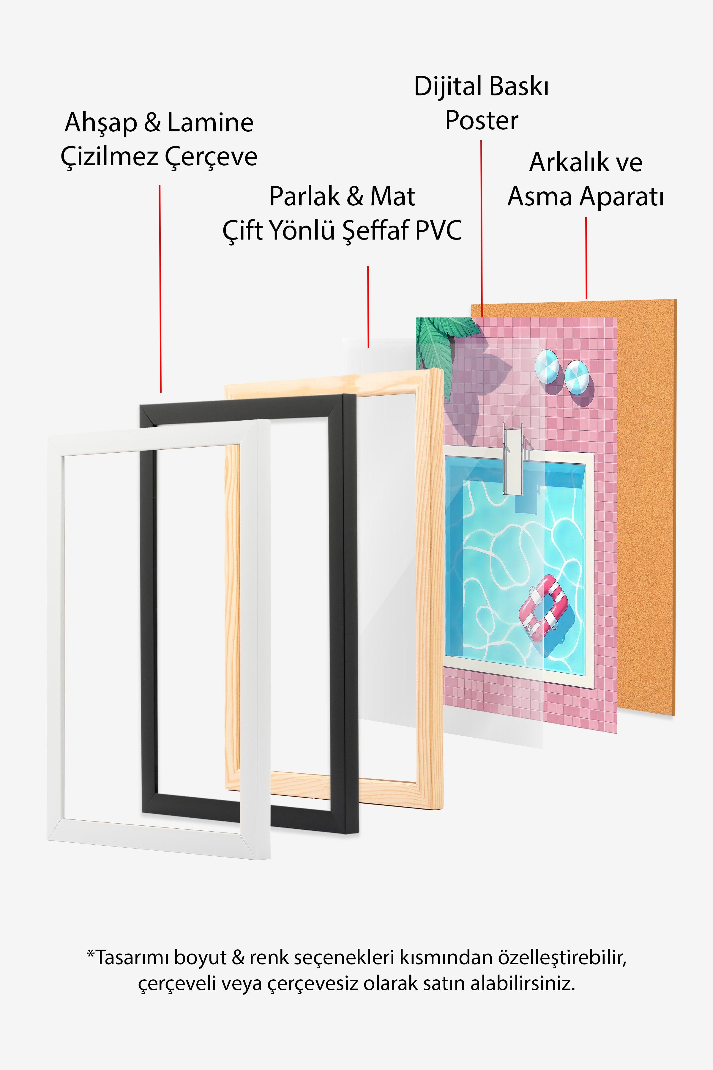 Beyaz Çerçeveli Poster, Havuz, İllüstrasyon, Pembe Renk Poster, 2025 Yaz Seçkisi, NO:109590