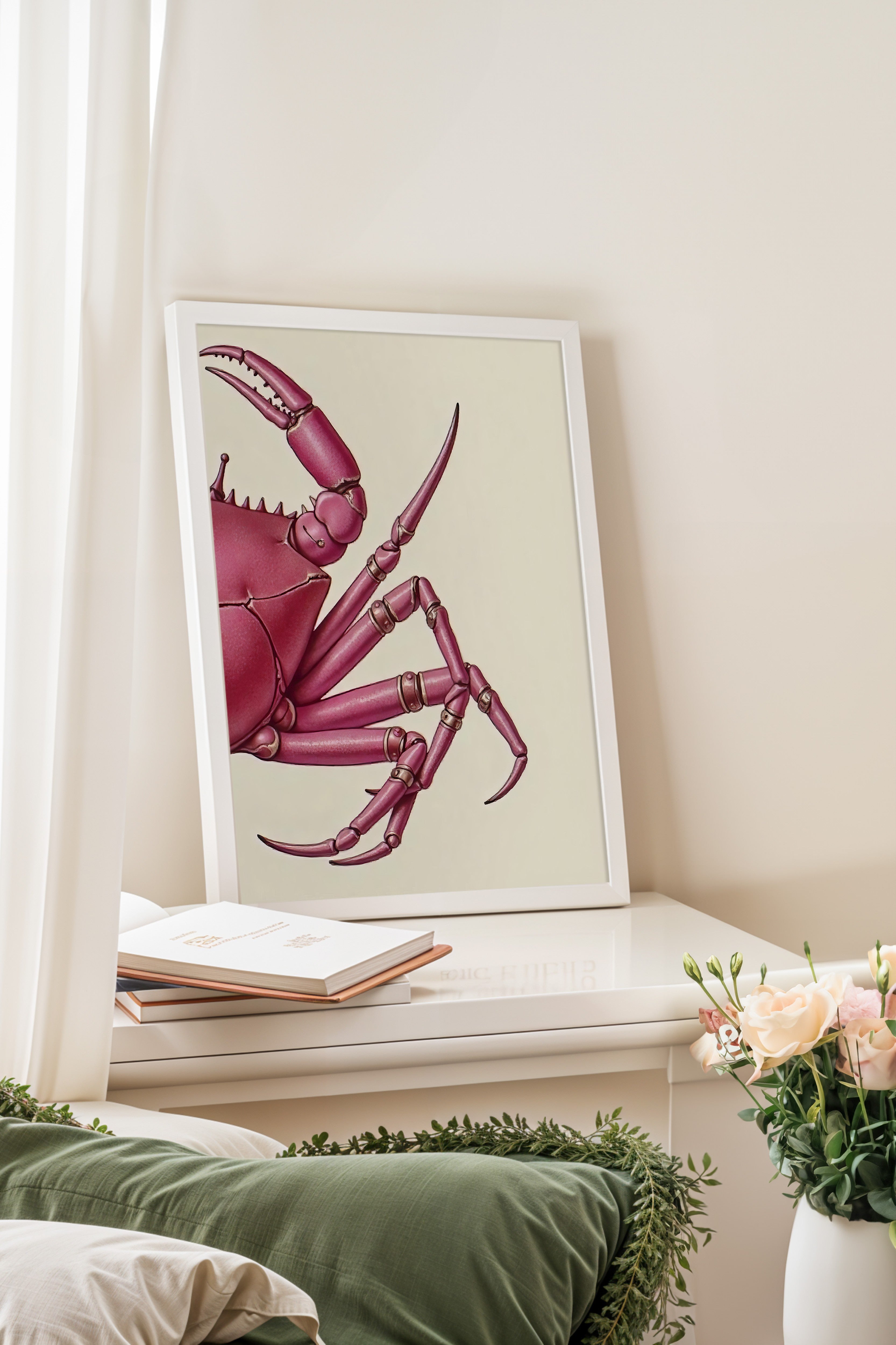 Beyaz Çerçeveli Poster, Pembe Yengeç, İllüstrasyon, Pembe Renk Poster, 2025 Yaz Seçkisi, NO:109598