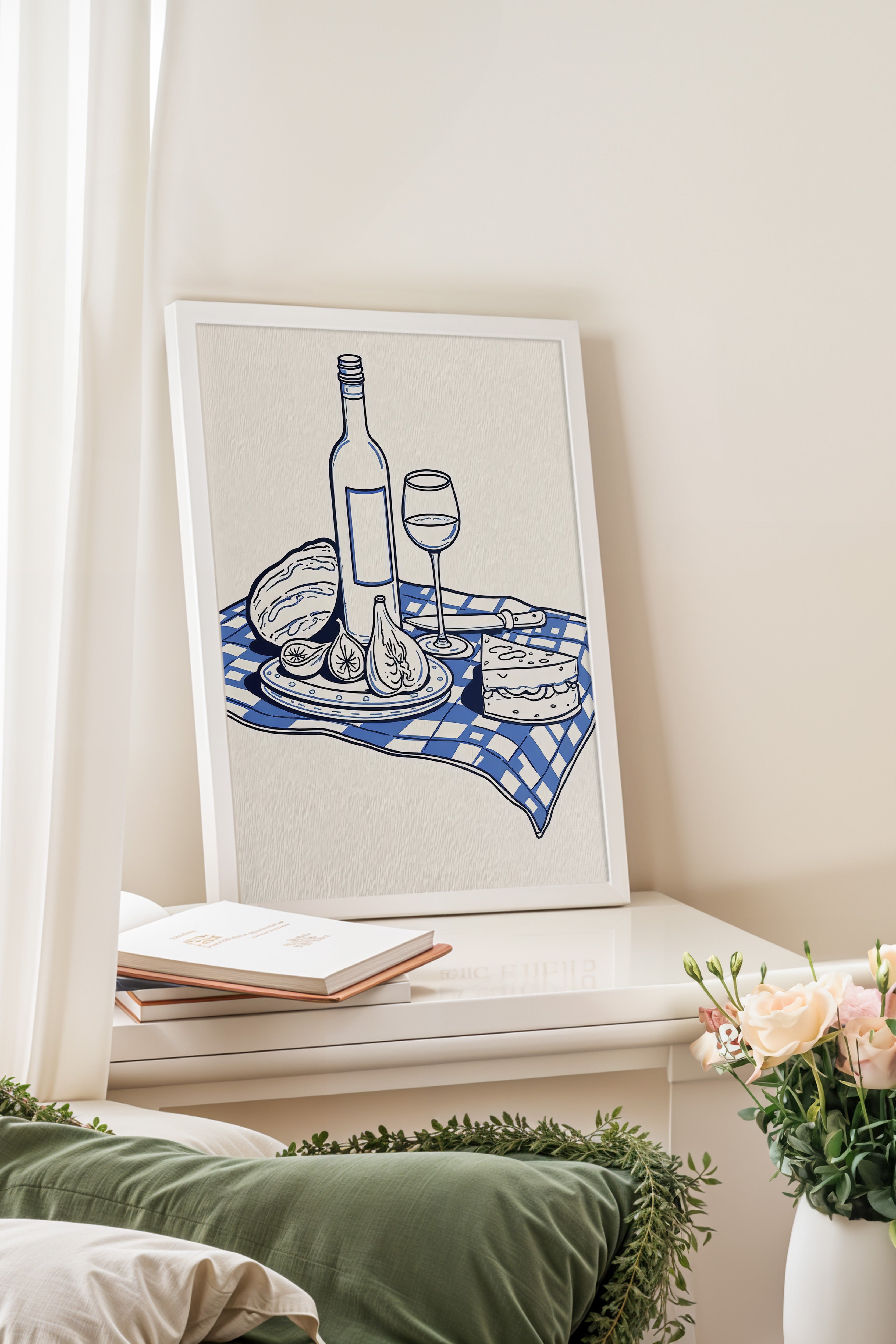 Beyaz Çerçeveli Poster, Piknikte Şarap, İllüstrasyon, Mavi Renk Poster, 2025 Yaz Seçkisi, NO:109659
