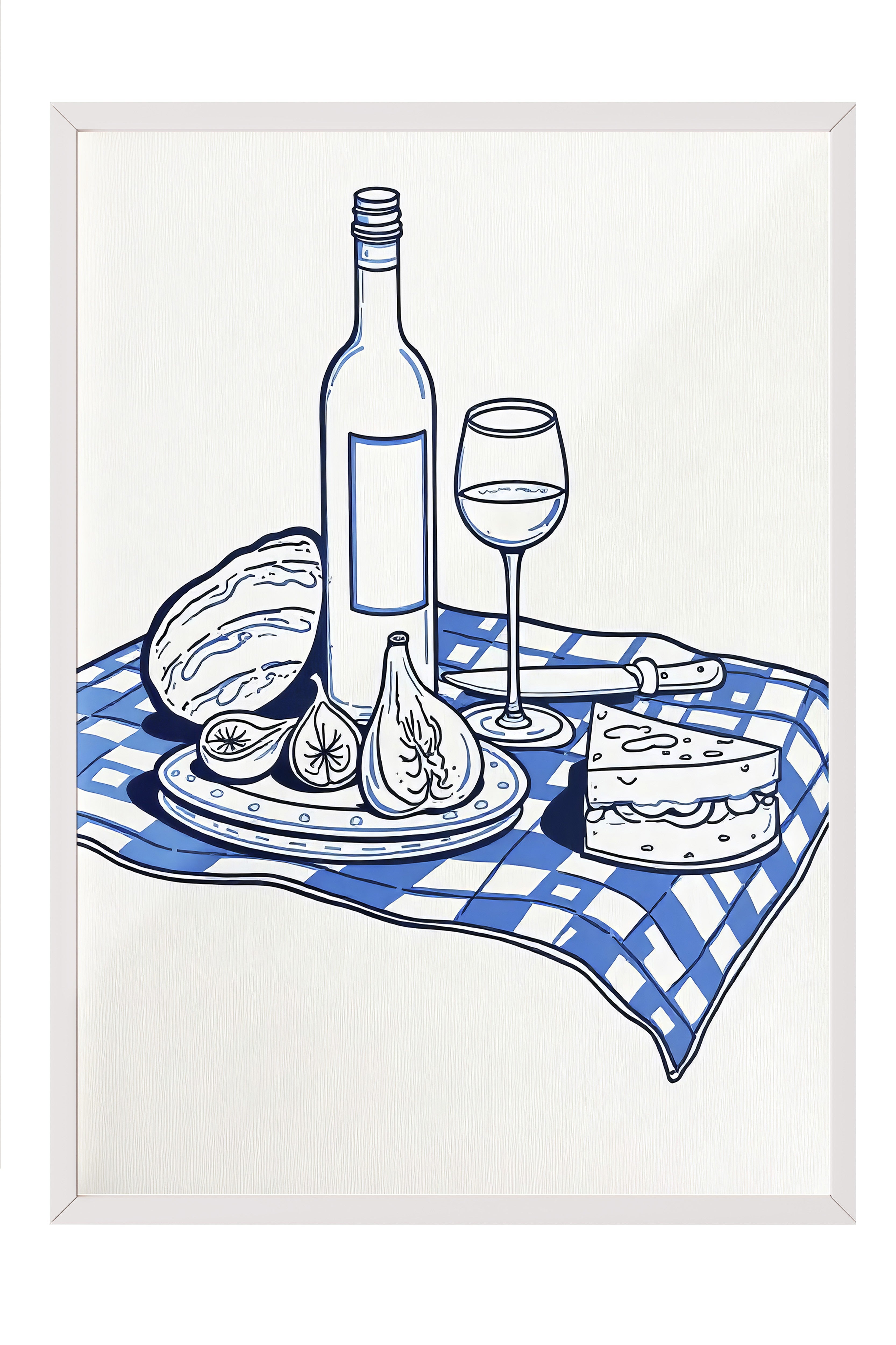 Beyaz Çerçeveli Poster, Piknikte Şarap, İllüstrasyon, Mavi Renk Poster, 2025 Yaz Seçkisi, NO:109659