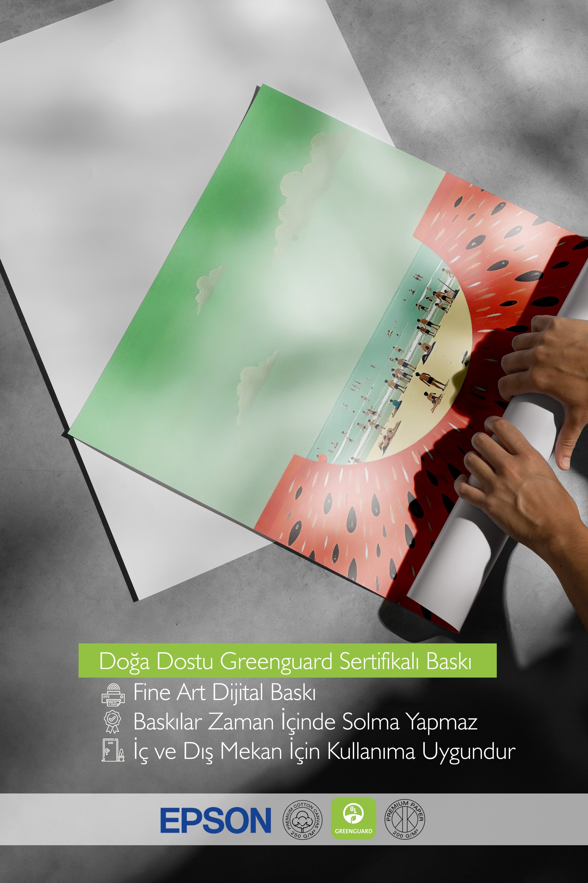 Beyaz Çerçeveli Poster, Plajda Karpuz Dilimi, İllüstrasyon, Sarı Renk Poster, 2025 Yaz Seçkisi, NO:109532