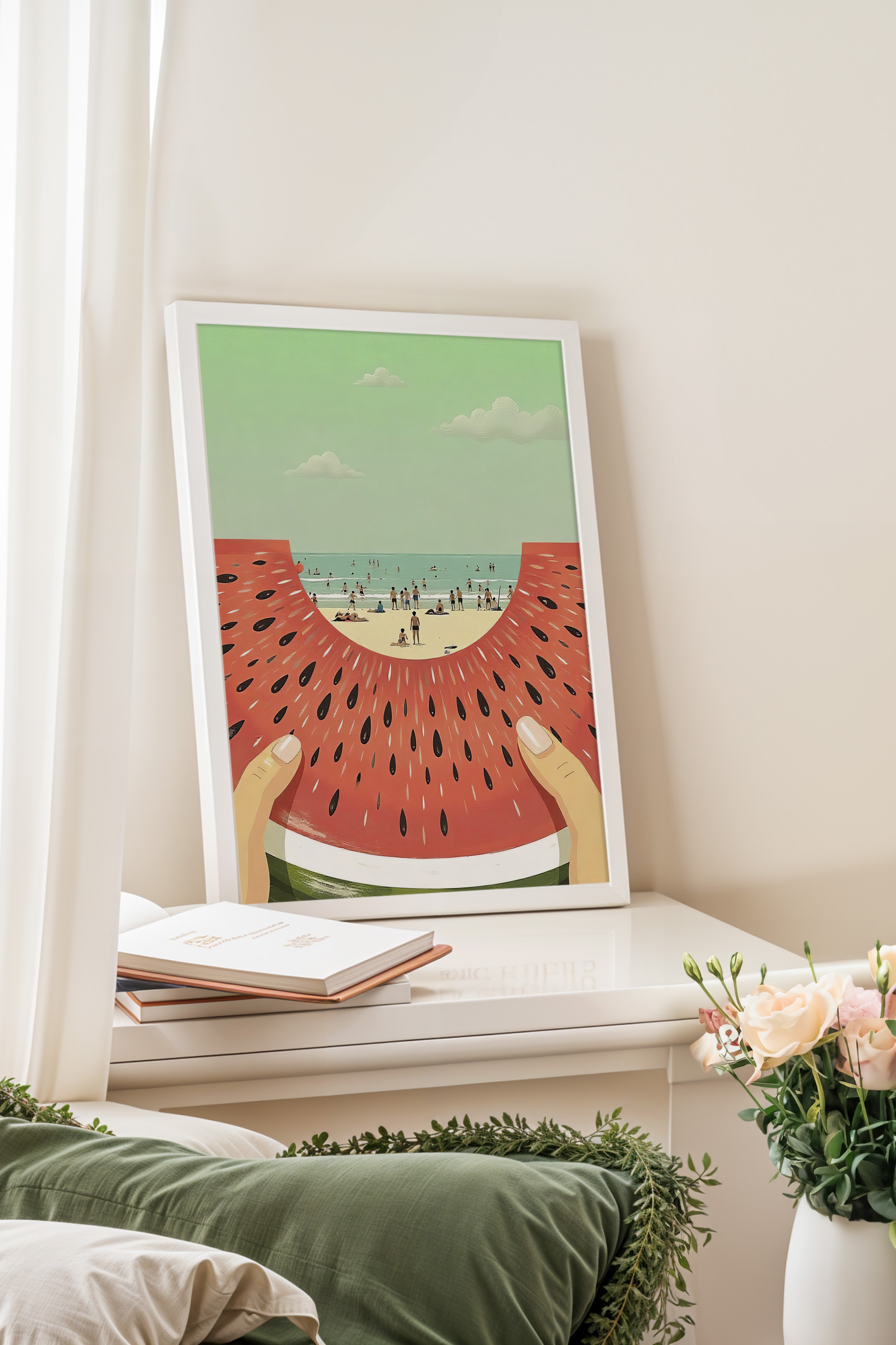 Beyaz Çerçeveli Poster, Plajda Karpuz Dilimi, İllüstrasyon, Sarı Renk Poster, 2025 Yaz Seçkisi, NO:109532