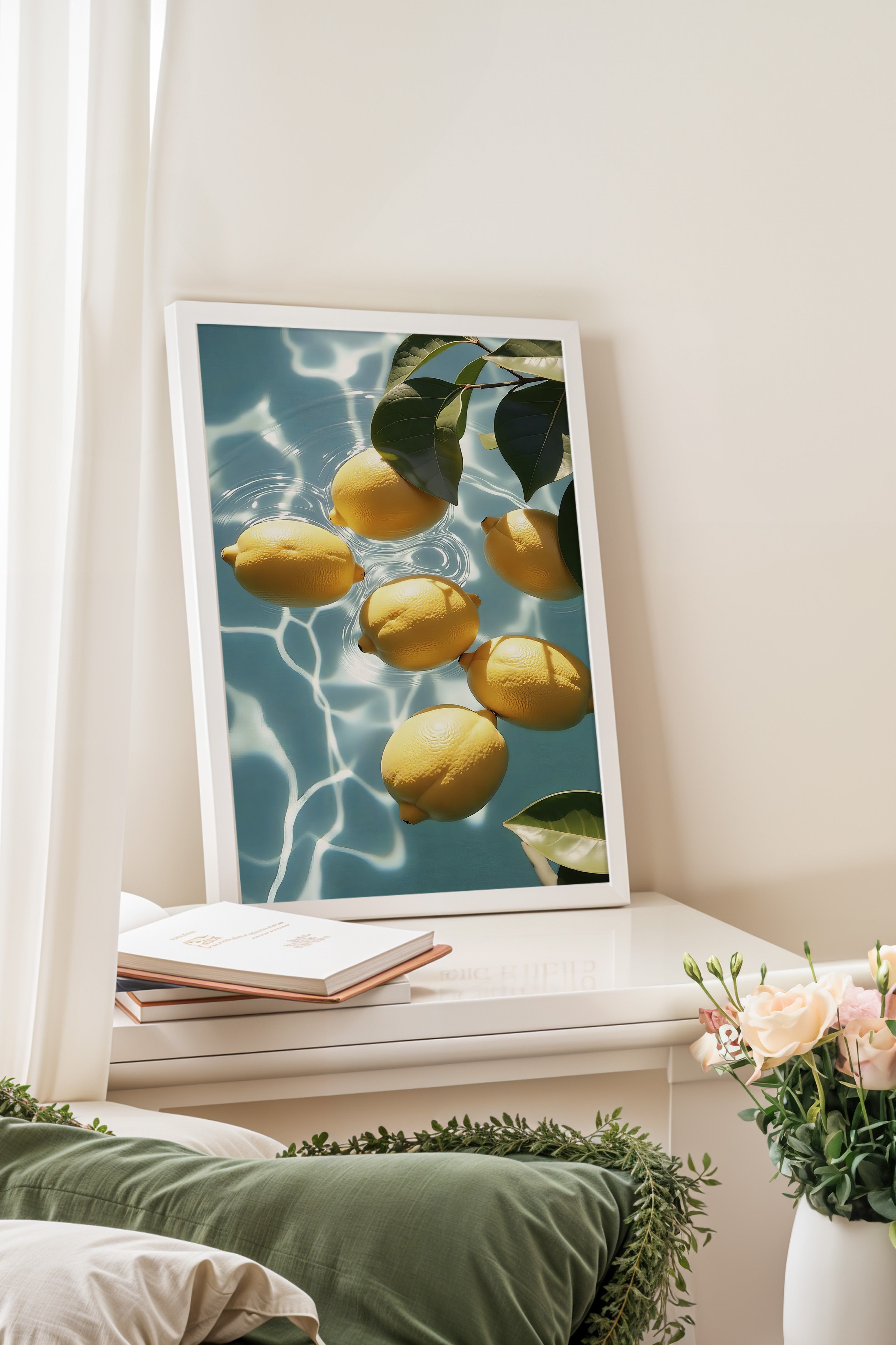 Beyaz Çerçeveli Poster, Suda Limonlar, Fotoğraf, Mavi Renk Poster, 2025 Yaz Seçkisi, NO:109697