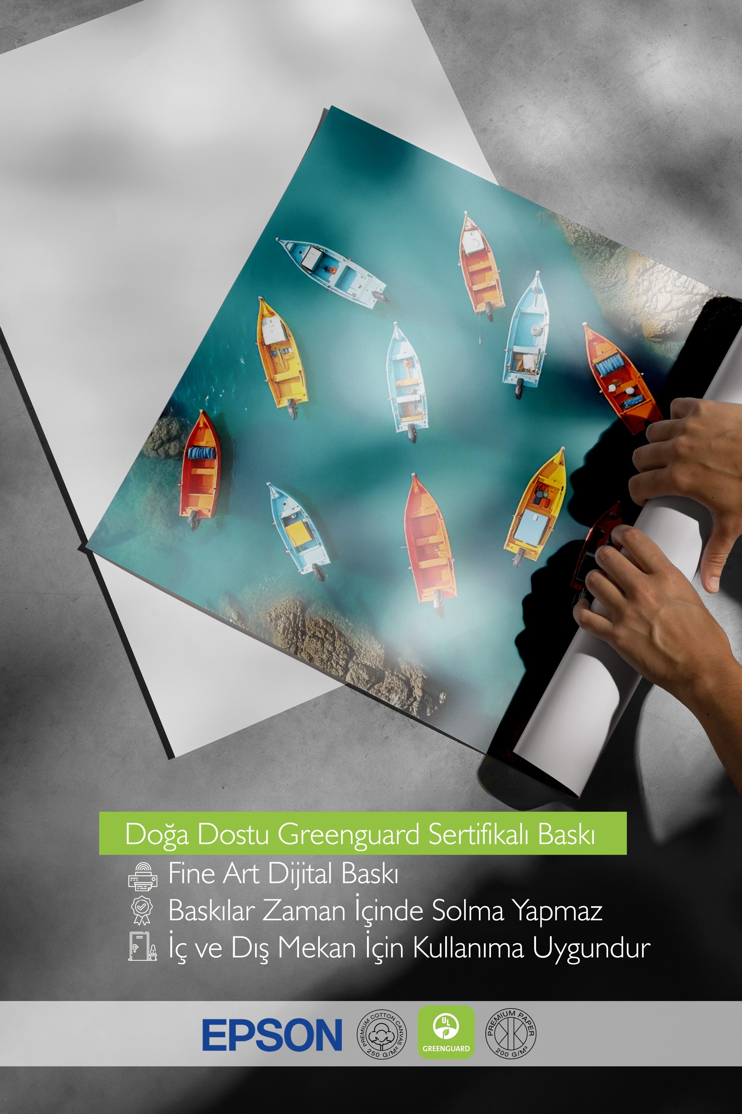 Beyaz Çerçeveli Poster Tablo, Renkli Sandallar, Fotoğraf, Maximalist, Mavi Renk Poster, 2025 Yaz Seçkisi, NO:109496