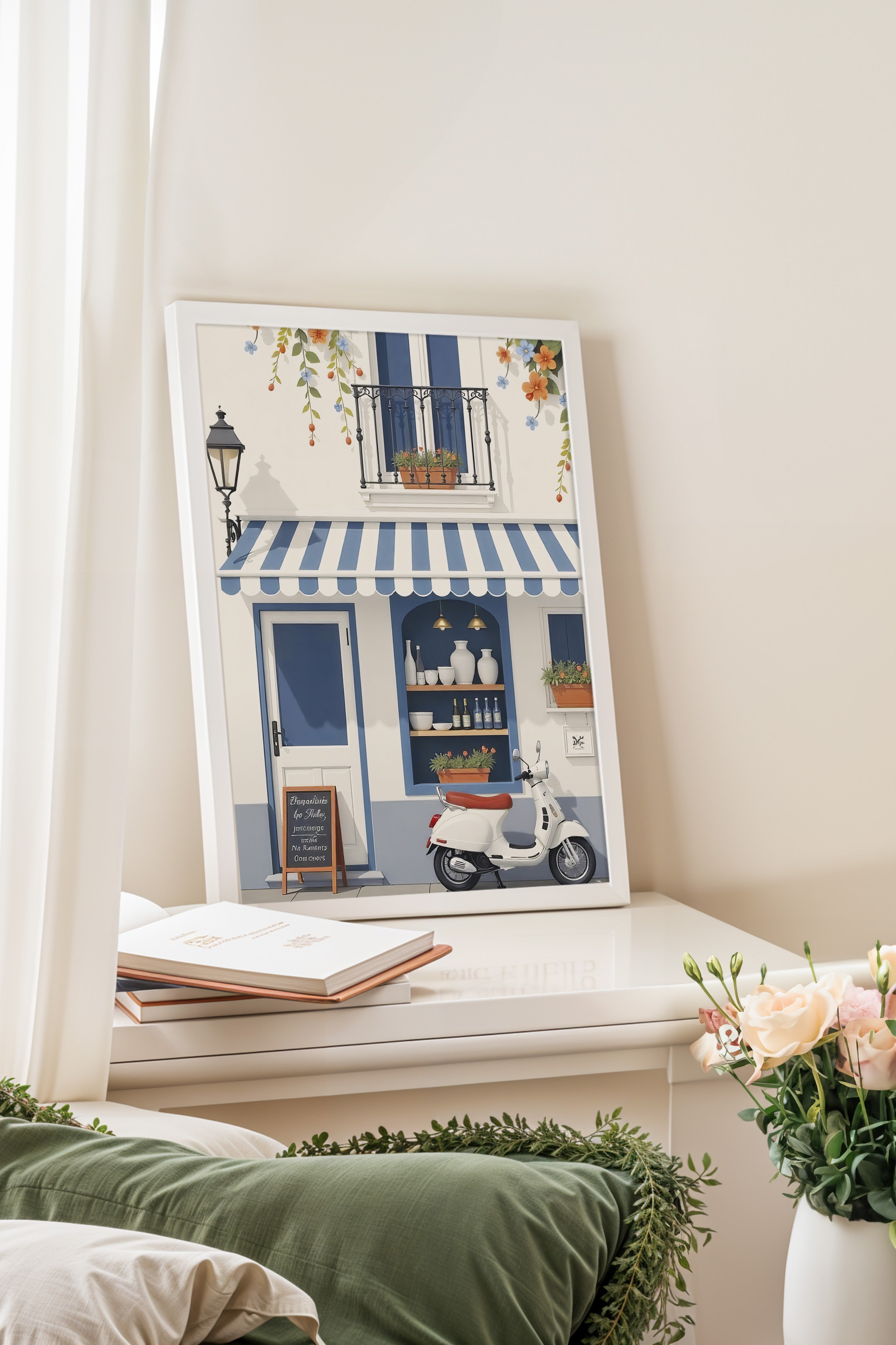 Beyaz Çerçeveli Poster Tablo, Samimi Kafe, İllüstrasyon, Beyaz Renk Poster, 2025 Yaz Seçkisi, NO:109482