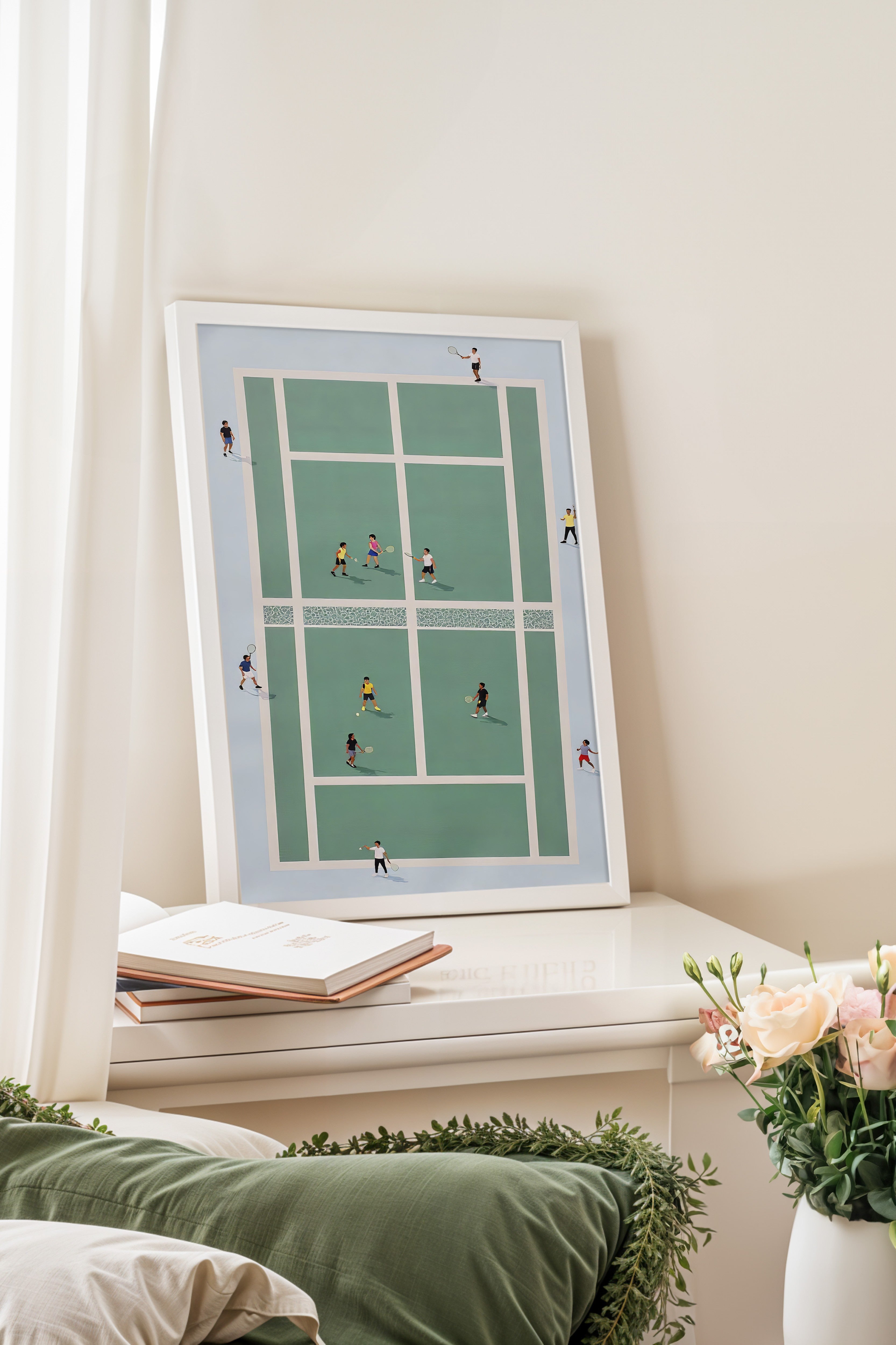 Beyaz Çerçeveli Poster, Tenis Kortu, İllüstrasyon, Yeşil Renk Poster, 2025 Yaz Seçkisi, NO:109536