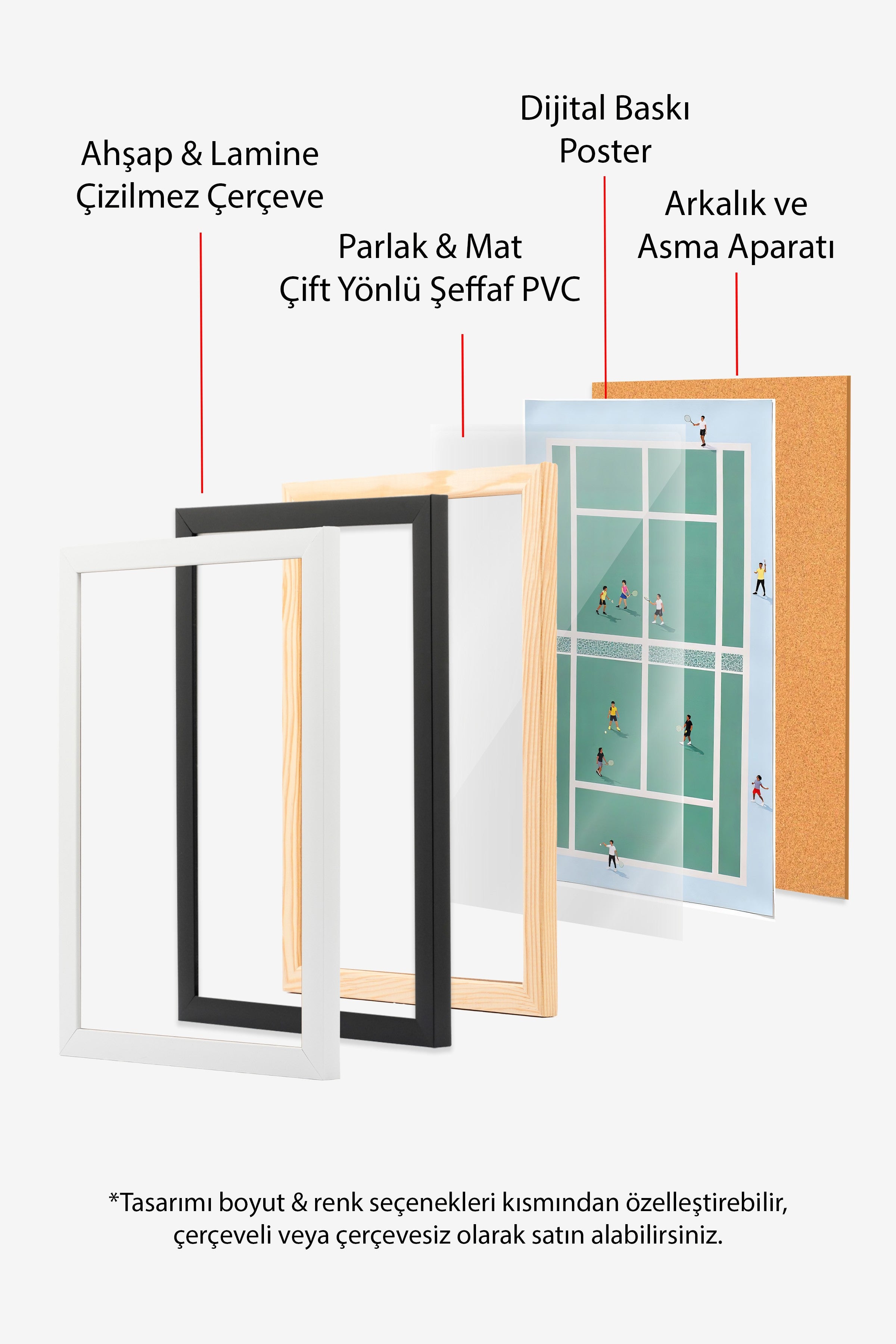 Beyaz Çerçeveli Poster, Tenis Kortu, İllüstrasyon, Yeşil Renk Poster, 2025 Yaz Seçkisi, NO:109536