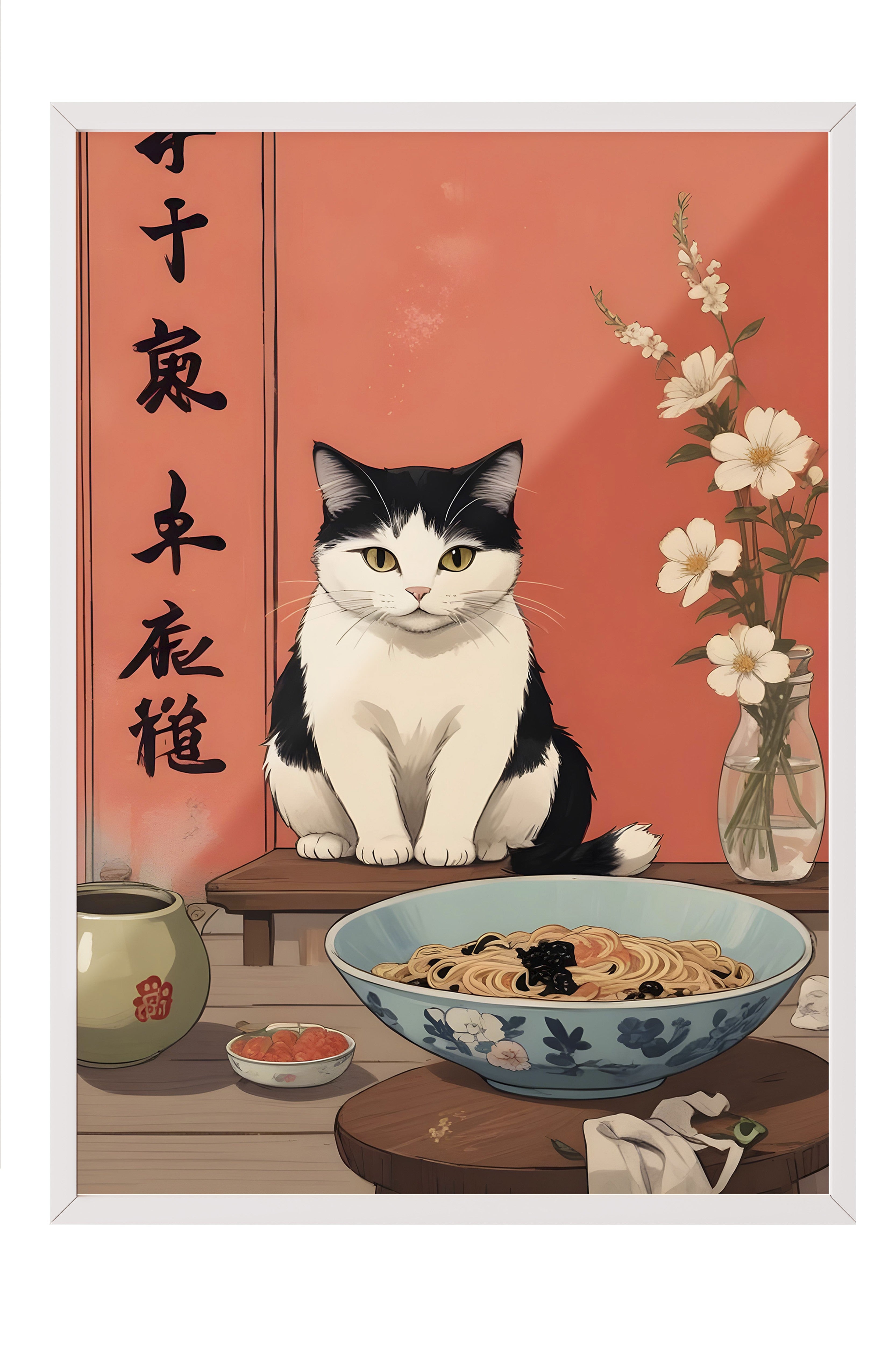 Beyaz Çerçeveli Tablo, A Cat For A Ramen, Comfort Serisi Mutfak Duvar Tablosu, NO:109161