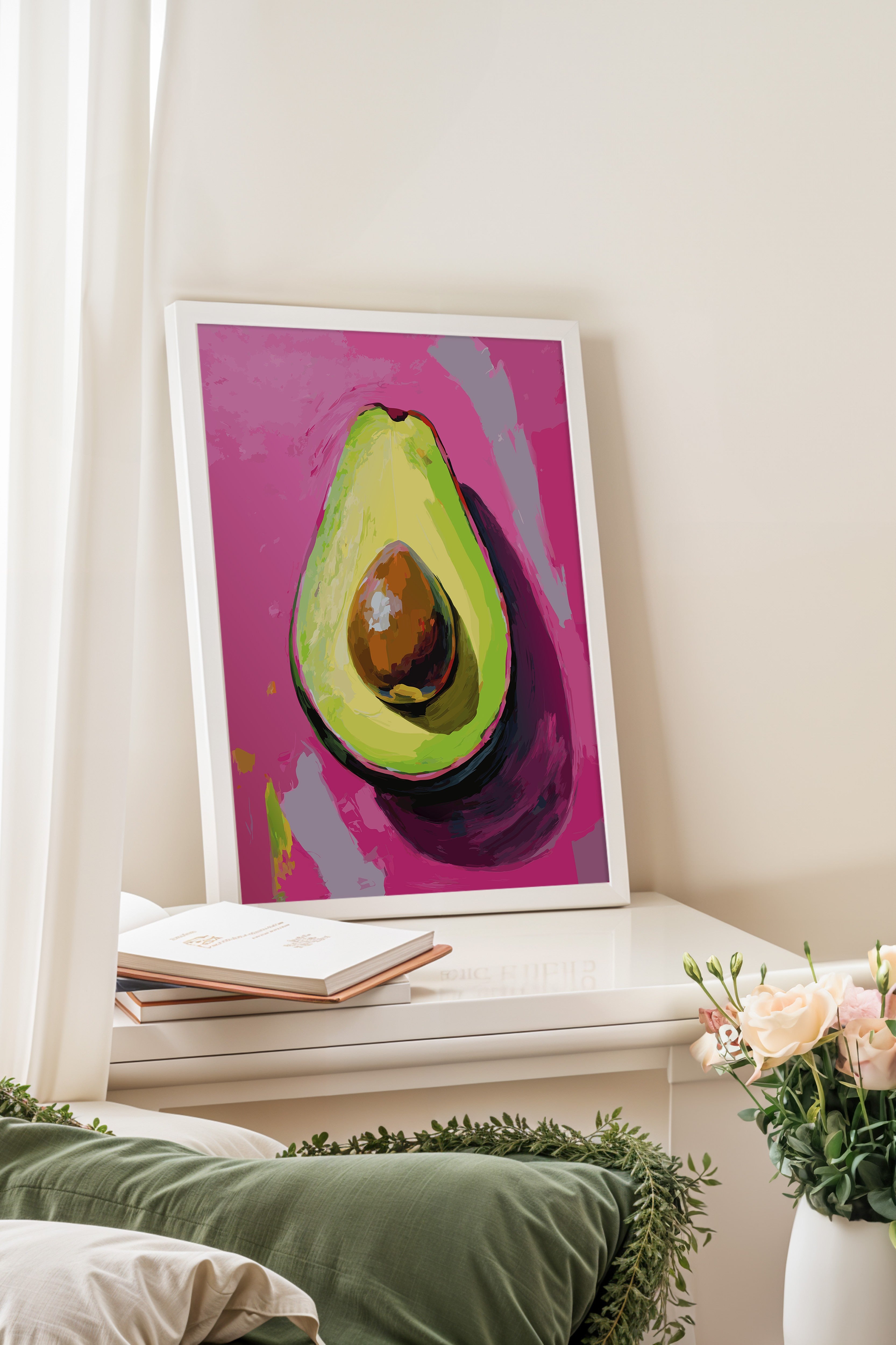 Beyaz Çerçeveli Tablo, Avokado, illüstrasyon, Pop Art, Pembe, Yeşil Renk Poster, 2025 Yaz Seçkisi, NO:109866